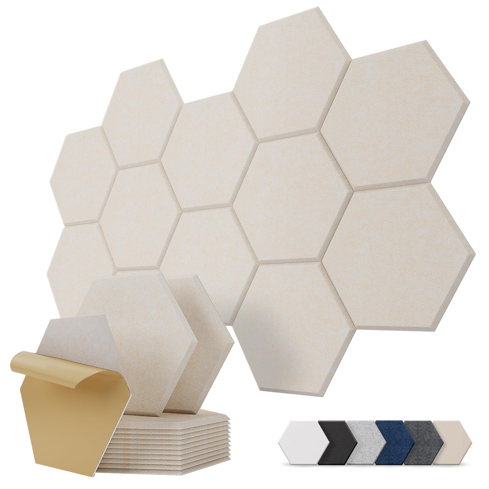 Kuchoow Pannelli Fonoassorbenti Esagonali Adesivi per Parete, 12 Pezzi Pannello Acustici Decorativi per Riduzione dell'Eco, Camera Da Letto, Soggiorno, Interni, Soffitto, 30x26x0,9 cm, Beige