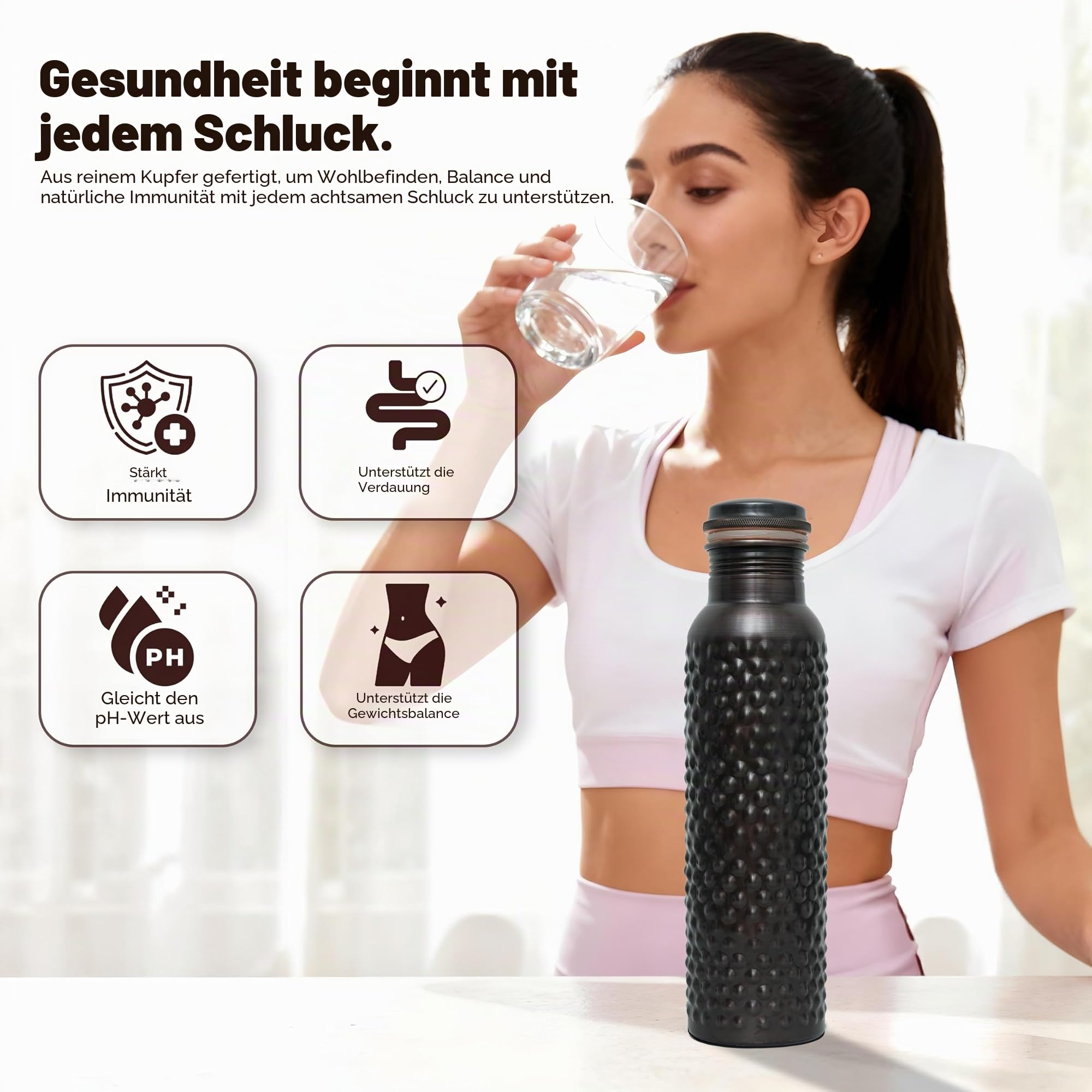 Kupferflasche mit ayurvedischen Vorteilen, Wasserflasche mit Tragetasche zum Trinken, auslaufsicherer Deckel, großes handgefertigtes Kupfergefäß für Reisen, Fitnessstudio, Büro, Wandern, Outdoor,