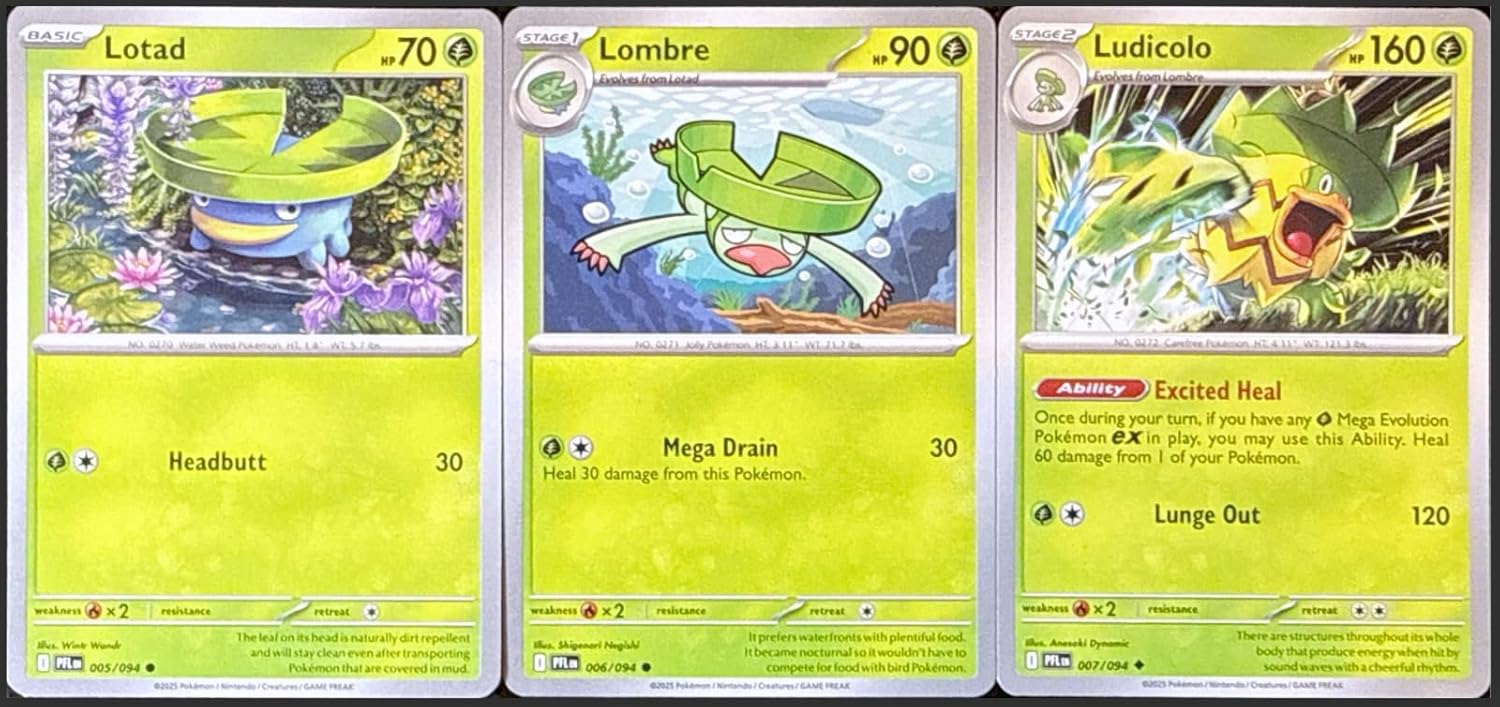 Lotad 005/094 + Lombre 006/094 + Ludicolo 007/094 - Phantasmal Flames - 3 Card Evolution Set - NM/M