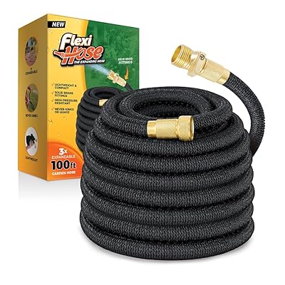 Flexi Hose Lightweight Expandable Garden Hose, No-Kink Flexibility, 3/4 Inch Solid Brass Fittings and Double Latex Core (100 FT, Black)