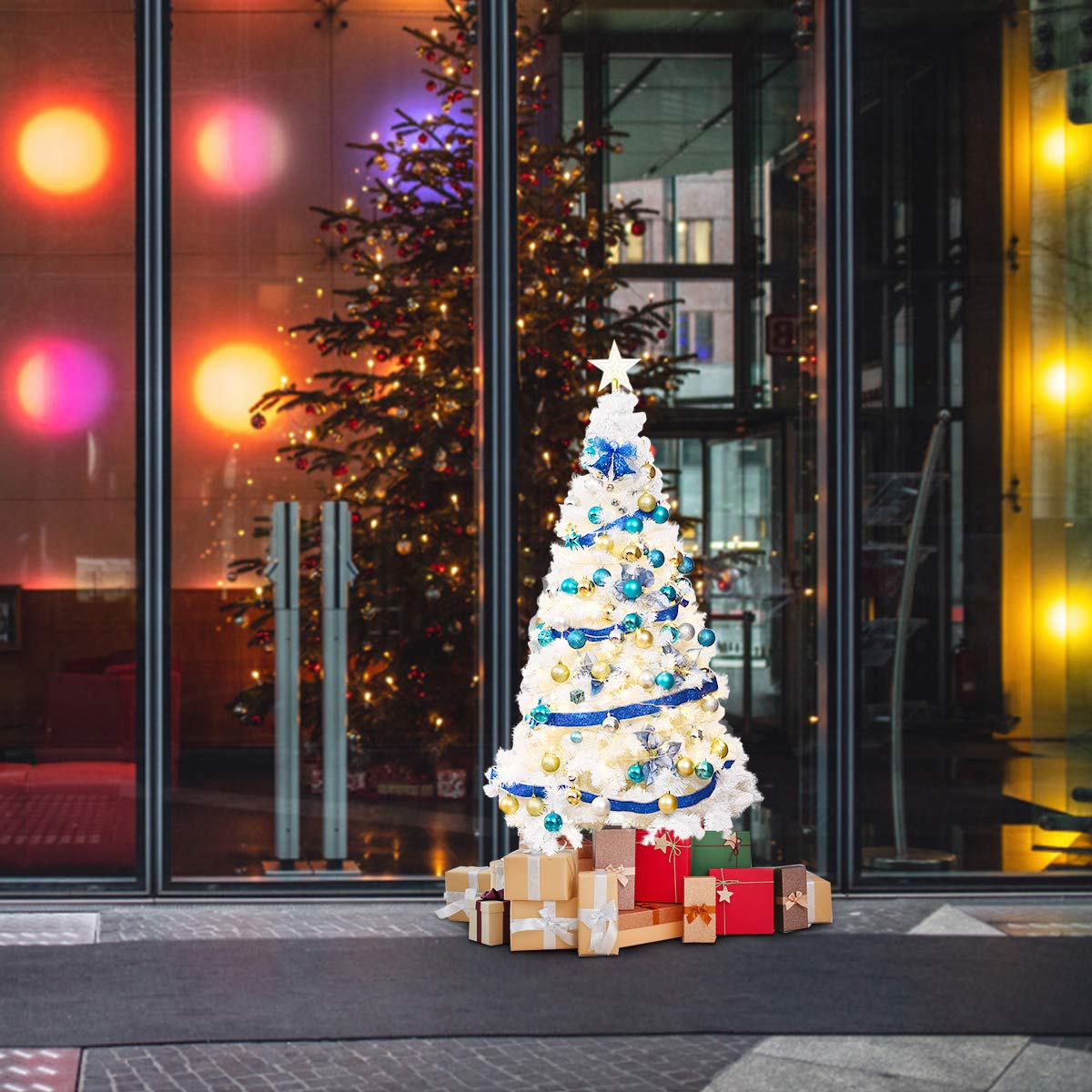 GOPLUS Árbol de Navidad Artificial Blanco de 150/180/210/240 cm con 950 Puntas de Rama PVC, Decoración Navideña Festiva con Soporte de Metal, Árvore de Natal Tradicional con Nieve (210cm Blanco)