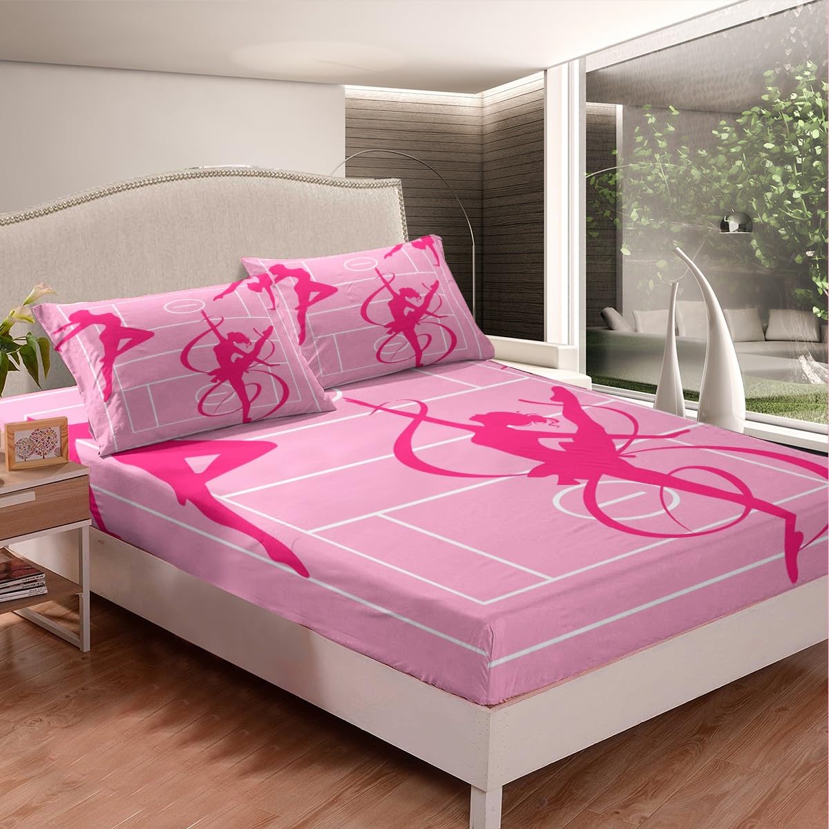 jejeloiu Girls Gymnastics Bed Sheets Set Twin Size Dancing Lover Silhouette Bedding Set for Kids Boys Pink Princess Sports Theme Fitted Sheet Room Decor