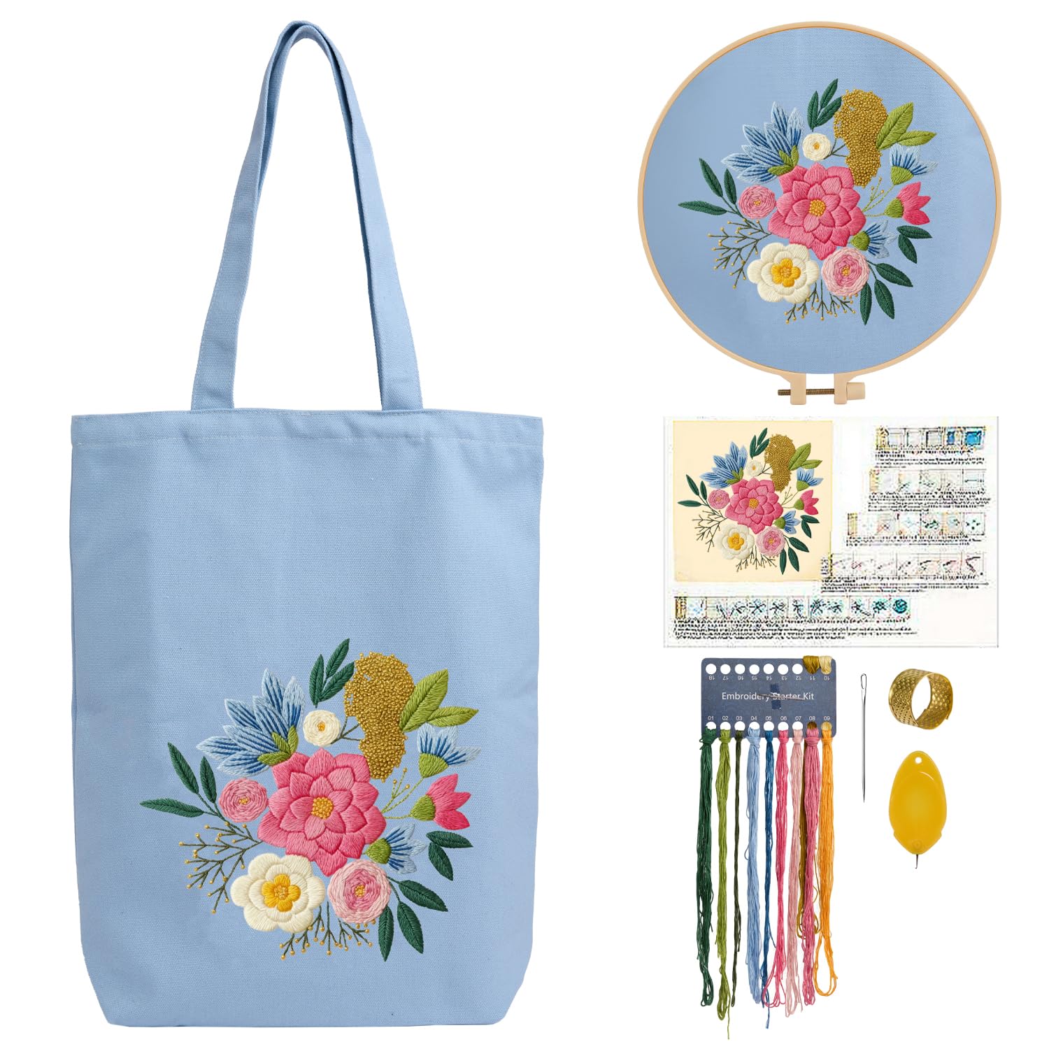 CREAWONDER Hand Embroidery Kits for Bag, Embroidery Kit Bag with Pattern for Beginners, Arts and DIY Embroidery Crafts Kits for Adults, Include Instructions, Embroidery Hoops, Color Threads and Tool