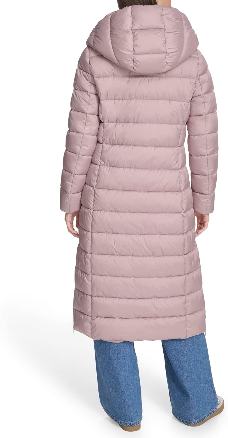 Kenneth Cole womens Channel Quilted Long Puffer With Inner Bib & Attached Hood, Side Vent Details - Image 4