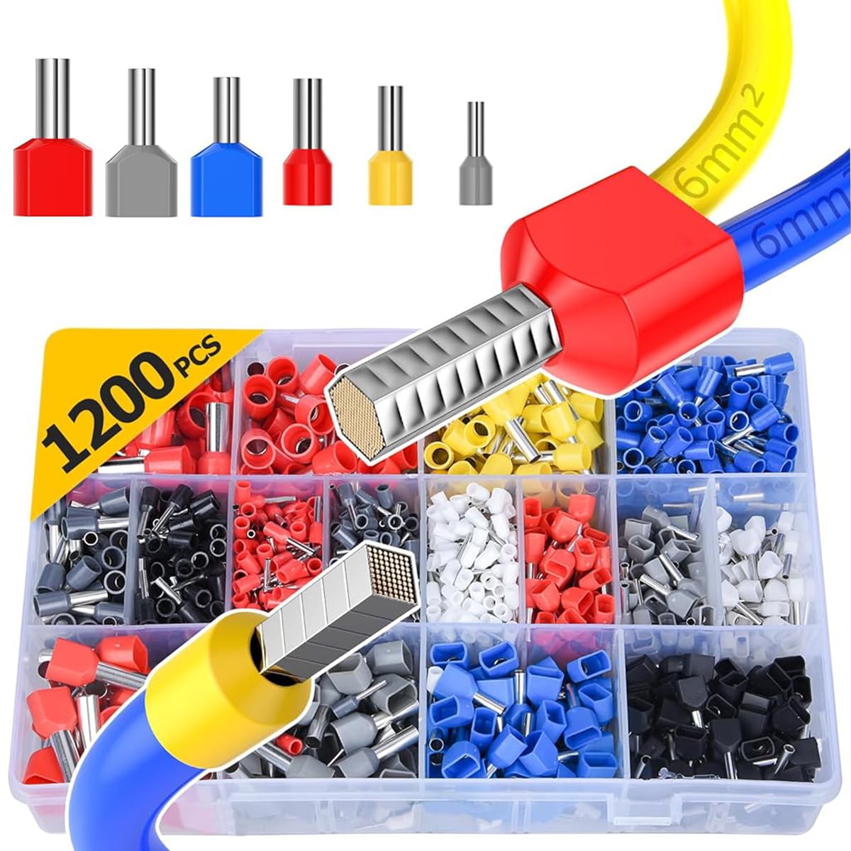Serplex® 1200pcs Wire Ferrules Terminals Kit with 900 Single Terminal Connectors (up to 16mm²) & 300 Double Wire Terminals, Dual Barrel Ferrules Connectors Insulated Ferrule Crimp Pins for AWG 22-5-image-26