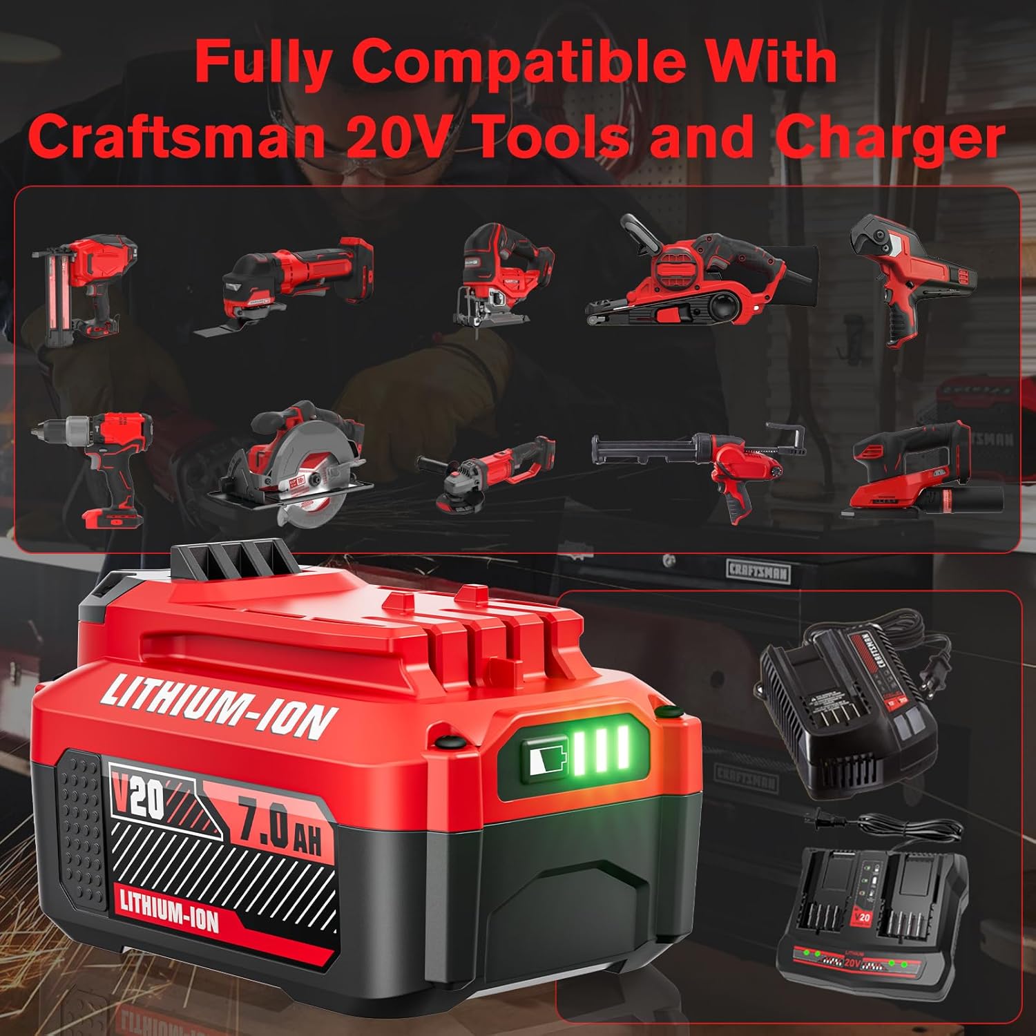 POWTREE Upgrade CMCB206 2Pack 7.0Ah 20V Replacement Battery and Charger for V20 Craftsman 20V Battery MAX CMCB204 CMCB202 CMCB201 CMCD700C1 CMCS500B CMCB205 High Capacity with Charger - Image 4