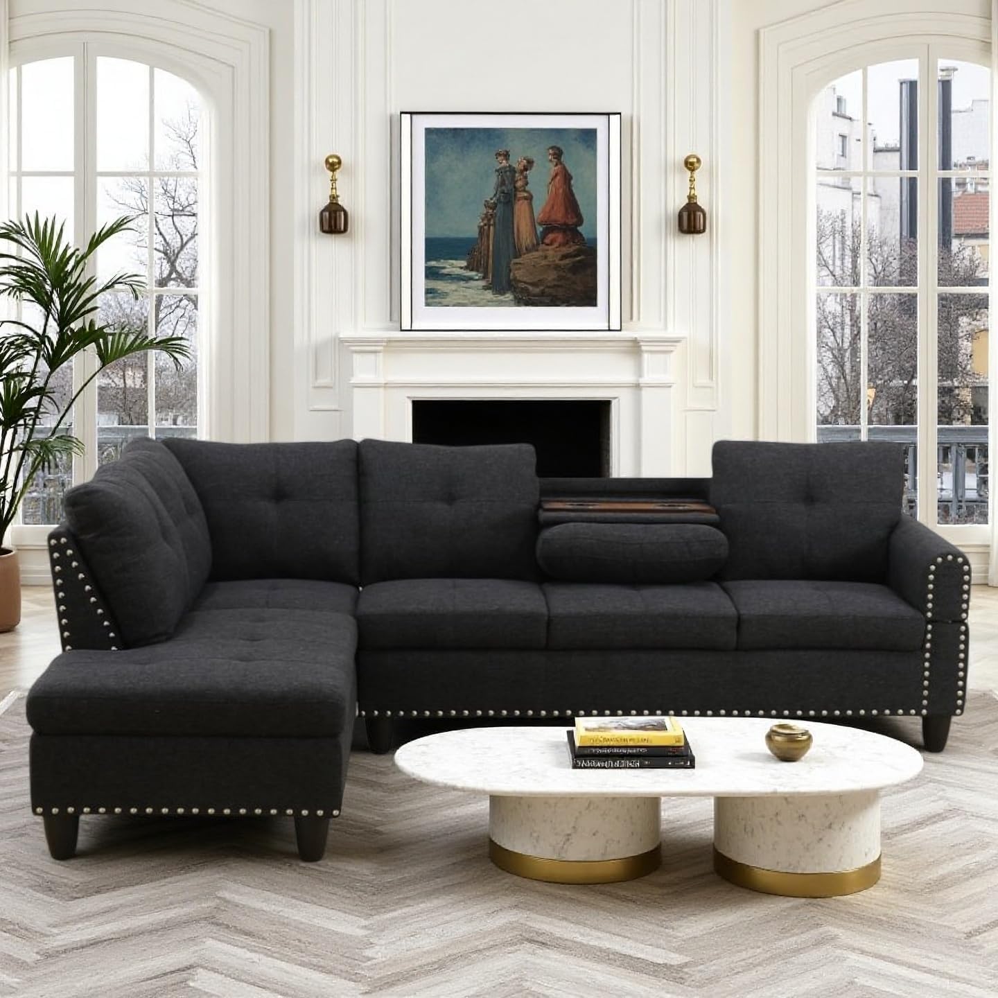 L-Shaped Sectional Sofa, Modern Sectional Couches Home Sofas for Living Room with Movable Chaise, Modular Living Room Sets Furniture for Apartment Bedroom & Office, Black Grey
