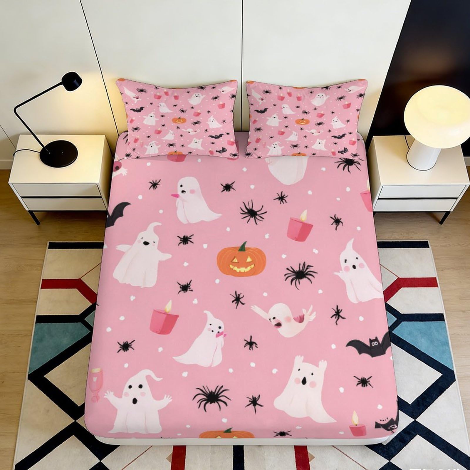 3D Printed Halloween Ghost Fitted Sheet Microfiber Pink Pumpkin Mattress Cover for Bedroom Dorm Mattress Protection Decor 140x200x25cm