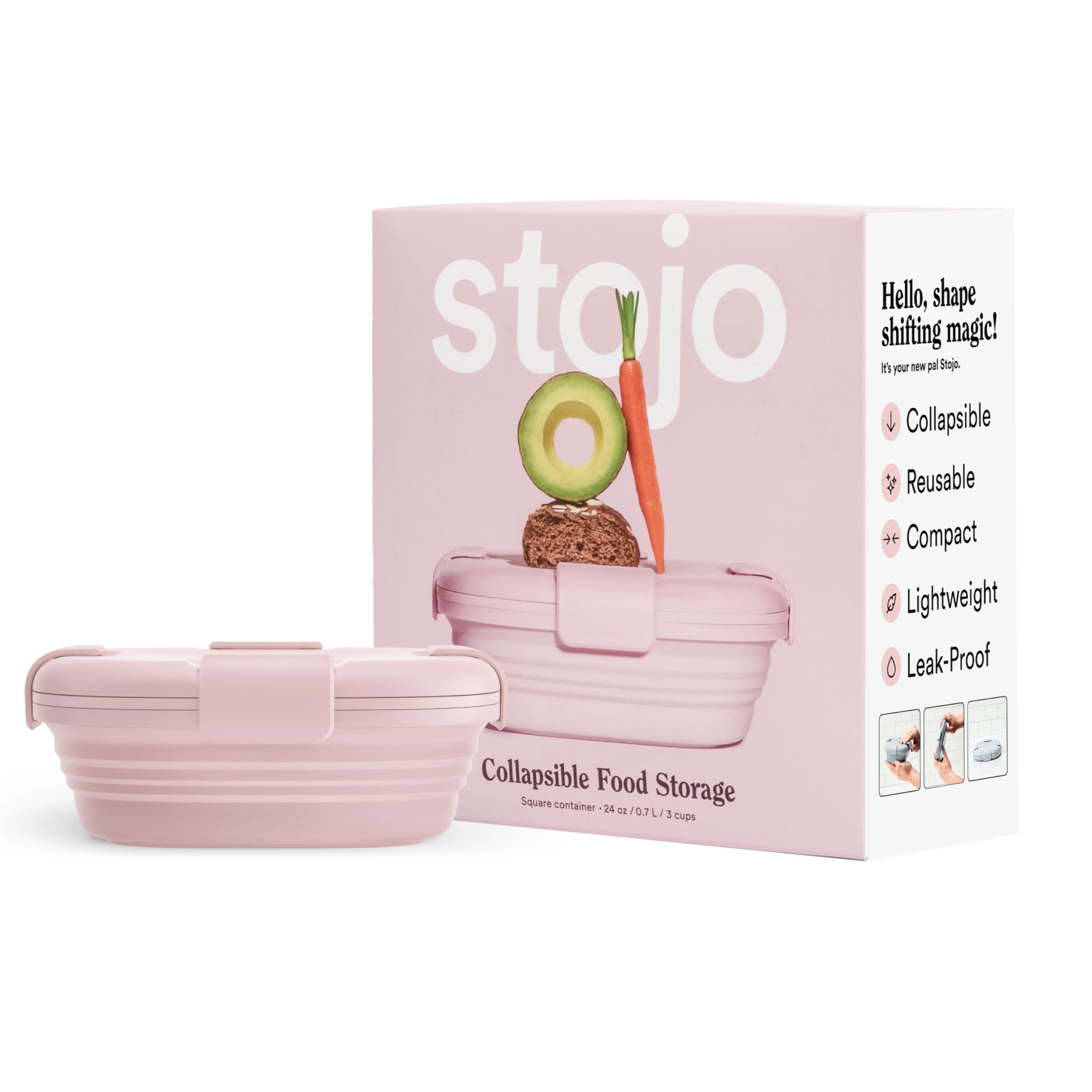 Stojo Collapsible Sandwich Box - Reusable Pocket Size Travel Camping Food Storage Snack Box with Lid - 24oz Carnation (Pink)