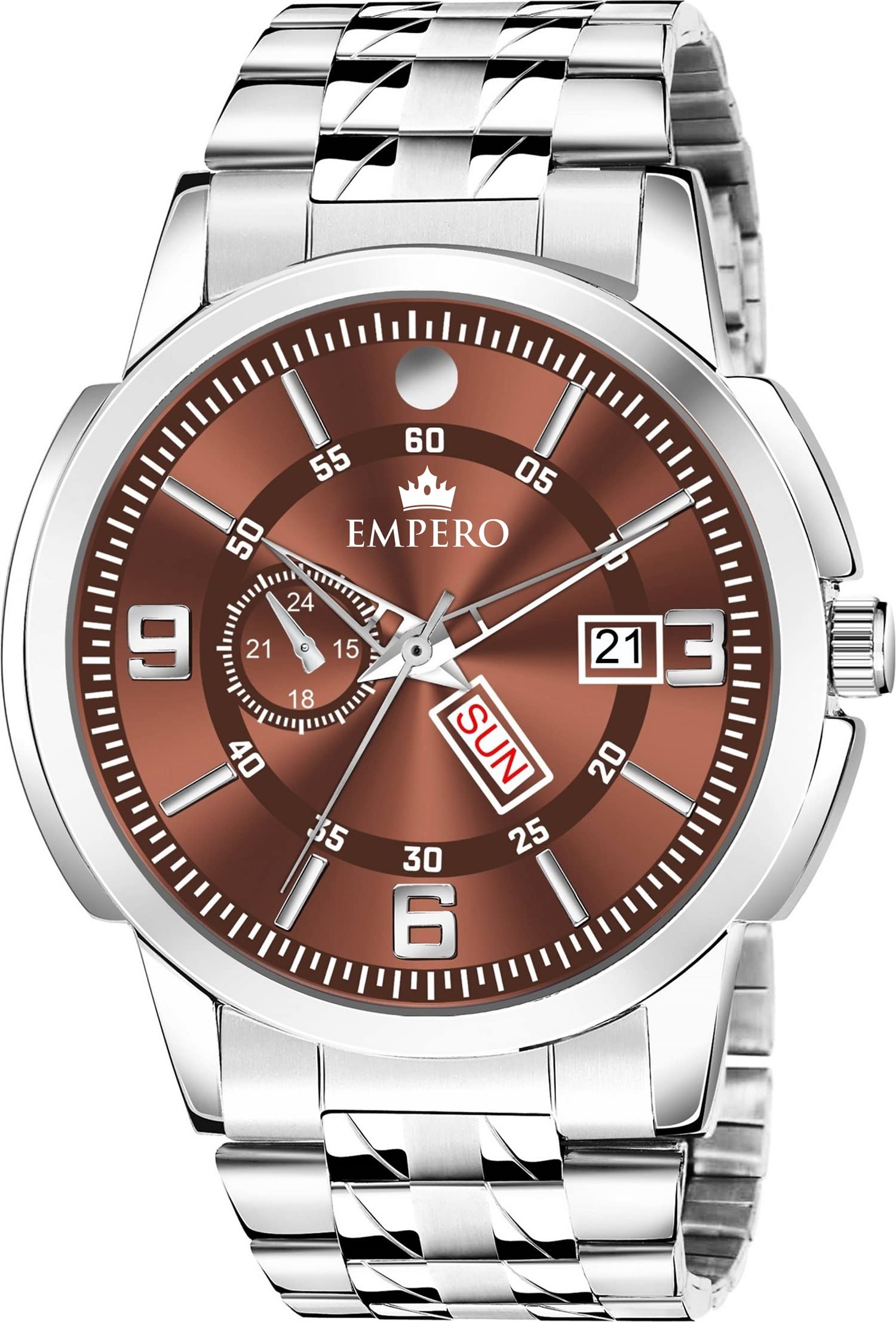 EMPERO-E05 Silver Stainless Steel Day and Date Analog Mens Watch (Brown) (B0C1NTKVJP) Amazon Price History, Amazon Price Tracker