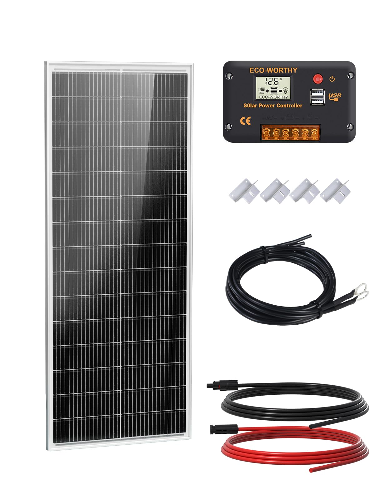 ECO-WORTHY Kit Pannello Solare 100 W 12 V, 100 W Pannello Solare 18 BB Tipo N, Efficienza 25% con Regolatore di Carica 30 A, Adatto per Camper, Barche e Sistemi Solare