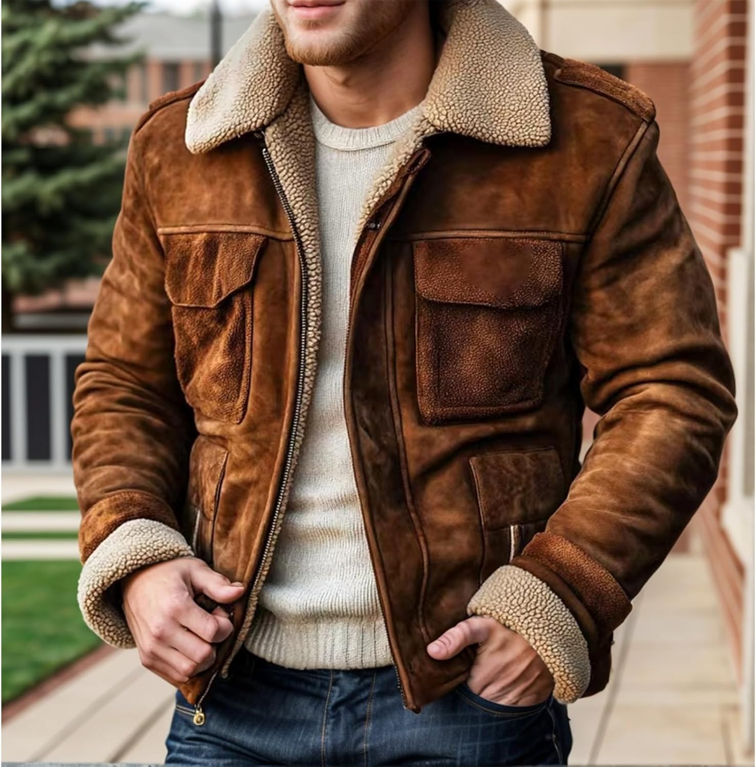 Mens Vintage Outerwear, Patchwork Pocket Plush Reversed Collar Western Jackets, Suede Jacket with Fleece Lining