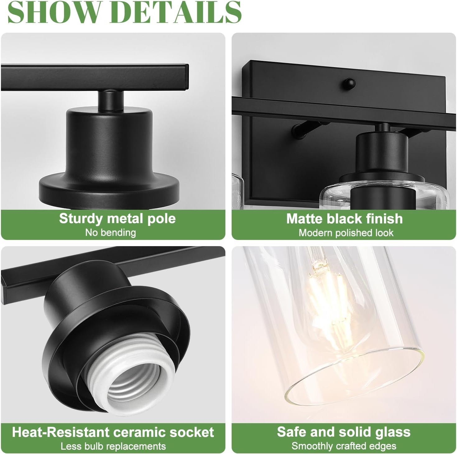 MOKATNG 3-Light Bathroom Light Fixtures, Vanity Light with Clear Glass Shades, Matte Black Bathroom Light Fixtures Over Mirror, Modern Bathroom Wall Lamp for Mirror Living Room Cabinet Bedroom