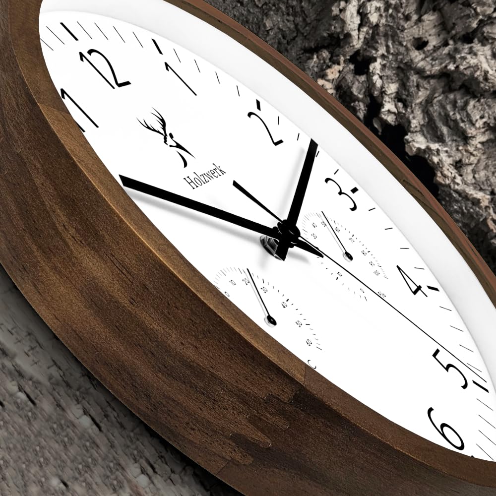 Holzwerk WEGBERG Wanduhr mit Temperaturanzeige und Hygrometer Feuchtigkeitsmesser Holz-Uhr lautloses Uhrwerk ohne Tickgeräusche Braun Buche Weiß lautlos Massivholz Natur Holz 30 cm (.HW.Braun.)