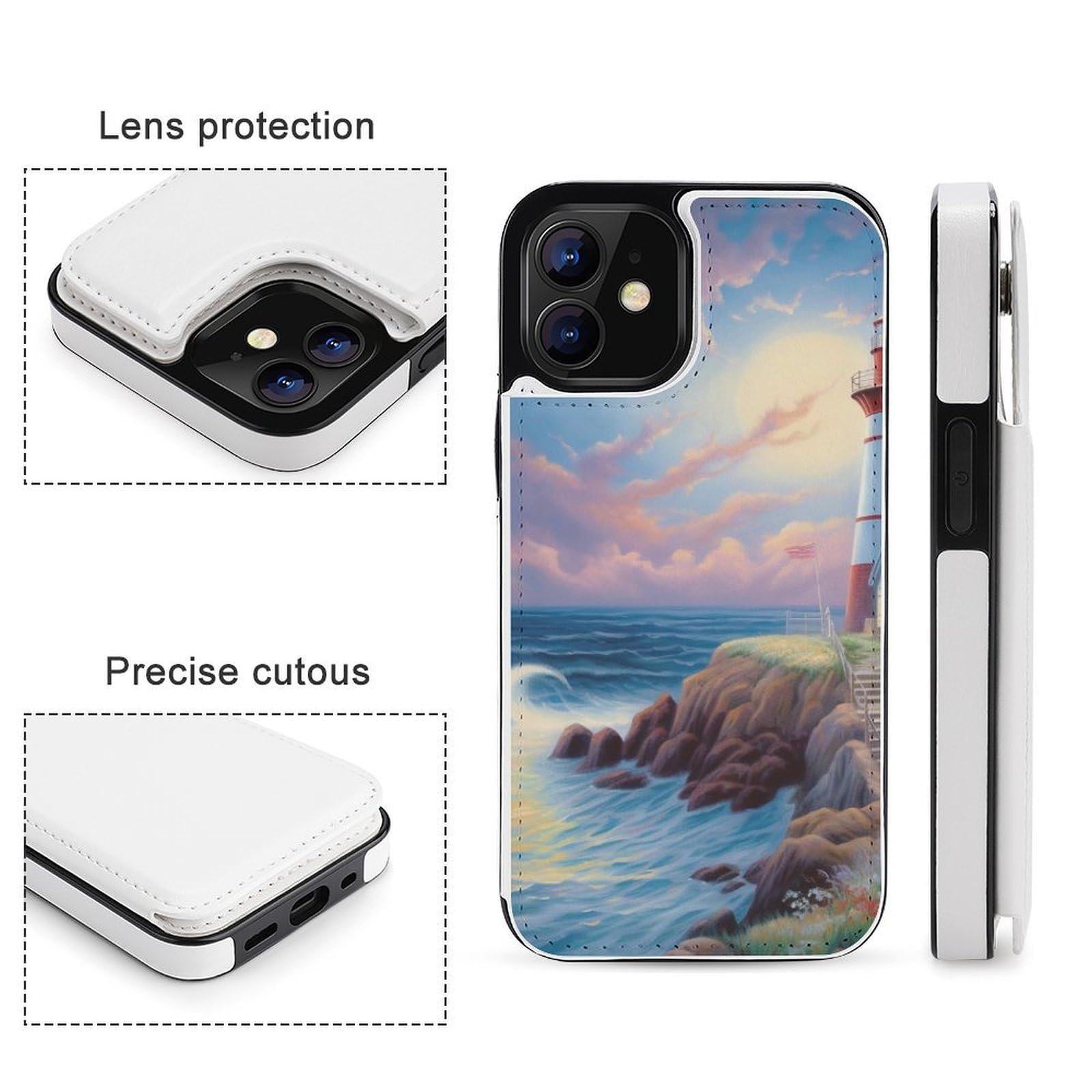 Funda tipo cartera para iPhone 12 Mini, diseño de faro, con estampado de diamantes, funda de piel con ranuras para tarjetas
