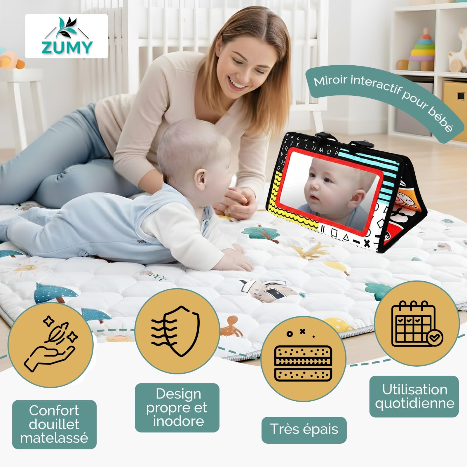 Tapis Bébé 109 × 109 cm – Tapis Éveil Bébé avec Miroir Interactif & Sac de Rangement | Matelas Ultra Doux, Très Épais, Antidérapant & Inodore – Idéal pour Tummy Time, Motricité & Éveil