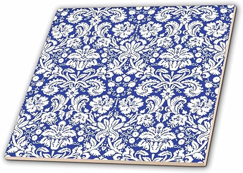 Miniatura 1 de 3dRose ct_151455_1 Diseño de damasco azul real y blanco elegante victoriano vintage con remolinos florales franceses, azulejos de cerámica azul