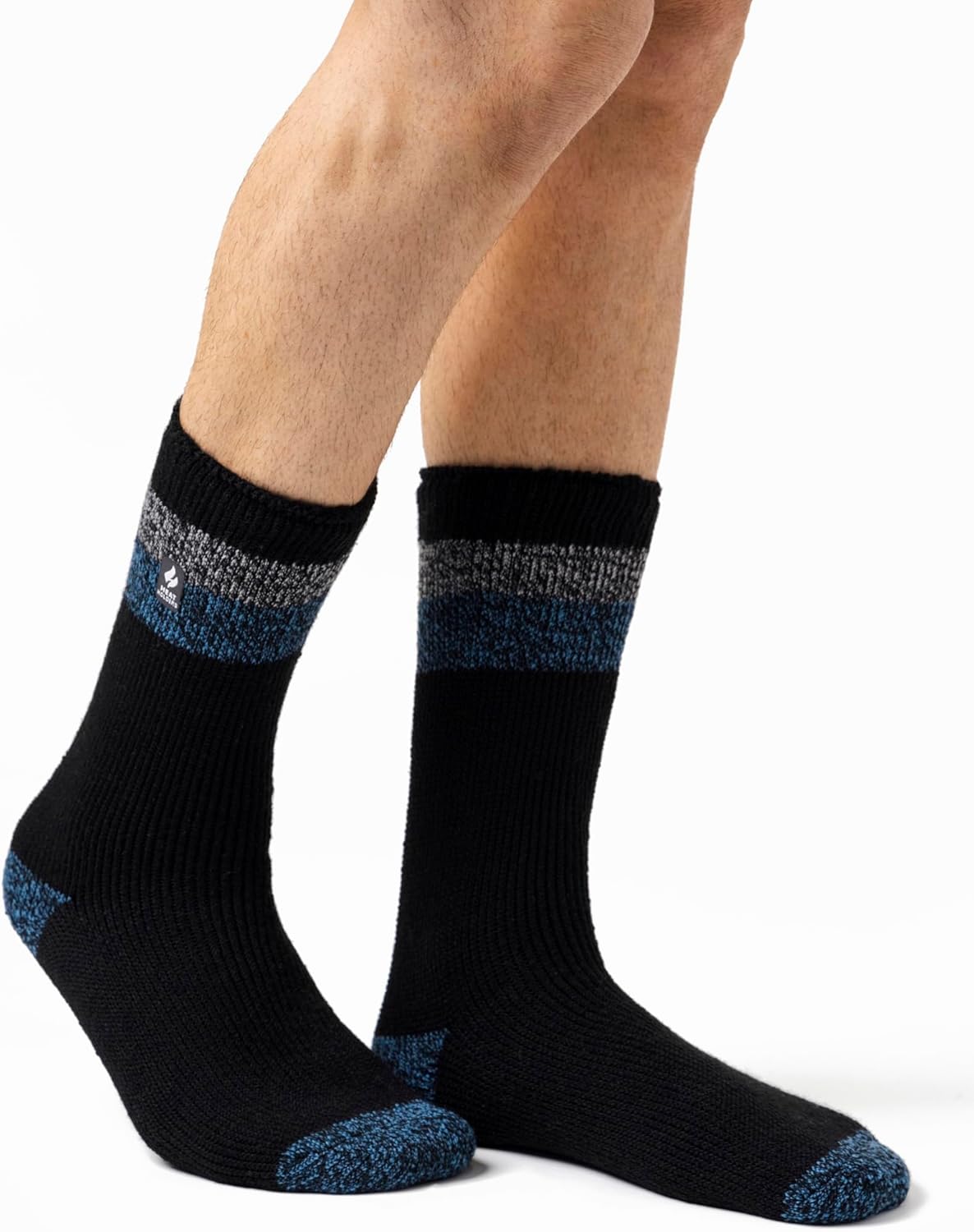 HEAT HOLDERS - Mens Thick Original Thermal Socks | Fuzzy Fleece Boot Socks (7-12, Navy/Denim Heel & Toe (Berlin))