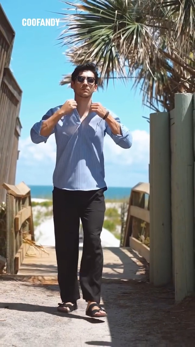 Camisas Casuales Con Botones Para Hombre, De Manga Larga, Cuello De Bandas, Ajustadas, A Rayas, Camisa Cubana De Algodón Y Lino Para Verano, Beige, Mediana