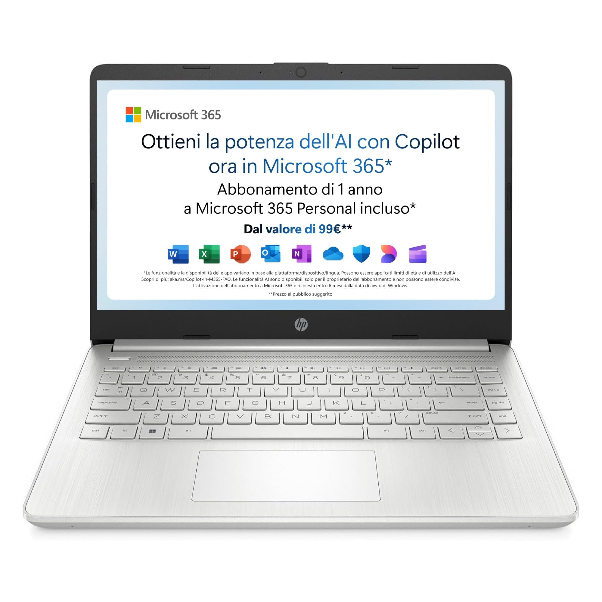 HP Laptop 14s-dq3000sl, Intel Celeron N4500, RAM4GB DDR4, SSD 128GB, Scheda Intel UHD, Display 14” FHD, SVA, Antiriflesso, Wi-Fi, Bluetooth 4.2, Win11S, Microsoft 365 Personal 12 mesi incluso, Argento