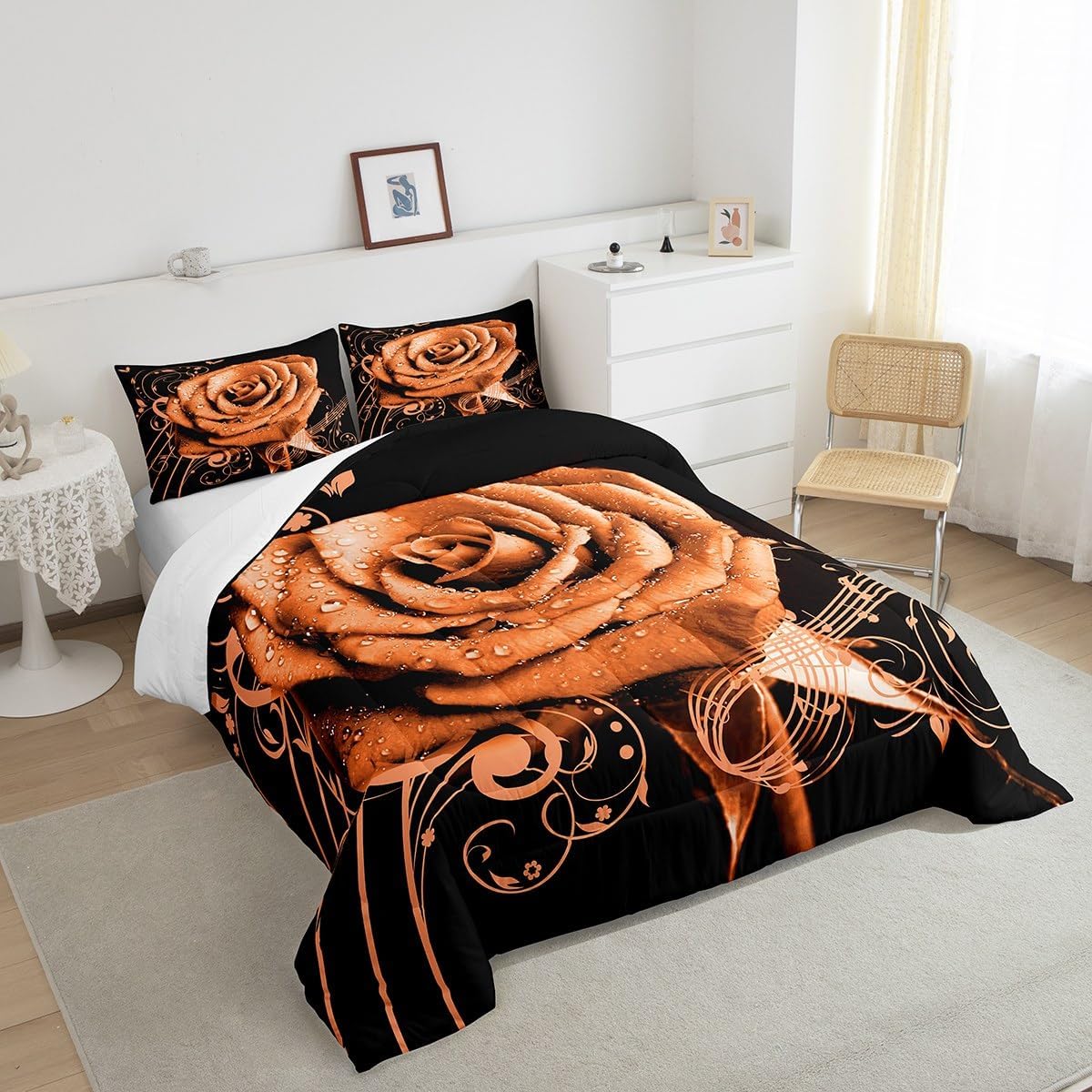 Feelyou Orange Rose Floral Comforter Set Twin Size Couple Valentine's Day Botanical Comforter for Girls Women Lover Music 3D Printed Blossom Flowers Bedding Set Romantic Duvet Set