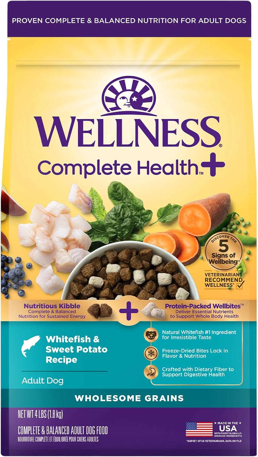 Wellness Complete Health+ Adult Dry Dog Food with Freeze Dried Wellbites, Wholesome Grain Kibble+, Natural, Chicken Free, Whitefish and Sweet Potato Recipe, 4 lb Bag