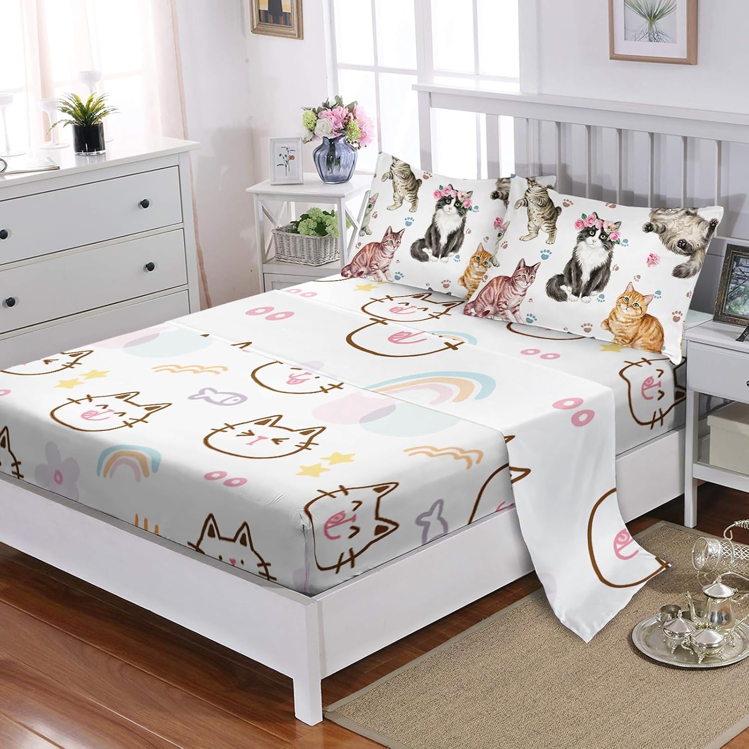 AILONEN Kids Cat Comforter Set Twin Size,7-Piece Soft Bed in a Bag,Watercolor Cat Print Comforter & Fitted Sheet & Flat Sheet & 2 Pillowcases,2 Pillow Shams for Bedroom