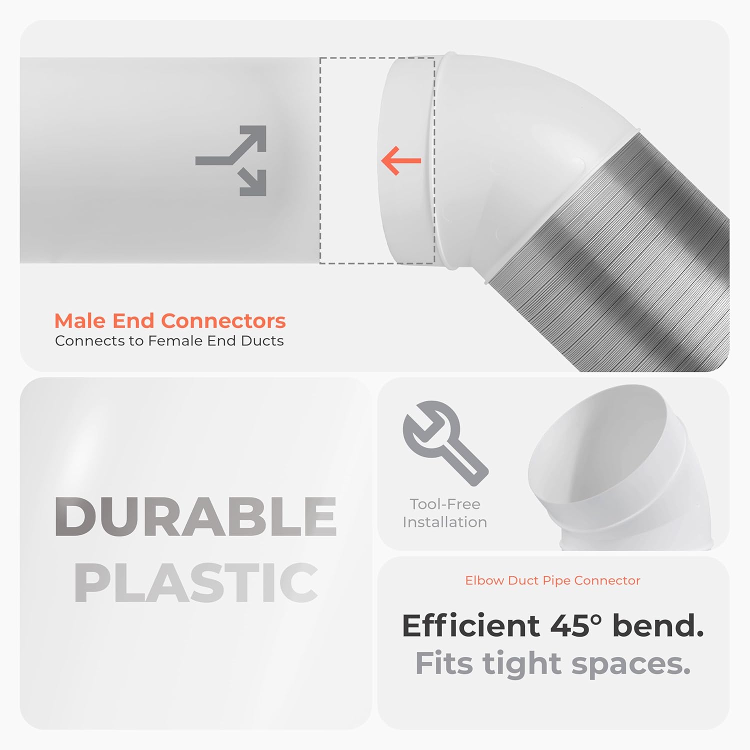 5” Inch 45 Degree Round Duct Elbow - White PVC Pipe Vent Duct Connector for Indoor HVAC Exhaust Intake Ventilation - Ducting Pipe Bend/Fitting - Rigid or Flexible Ductwork Adapter