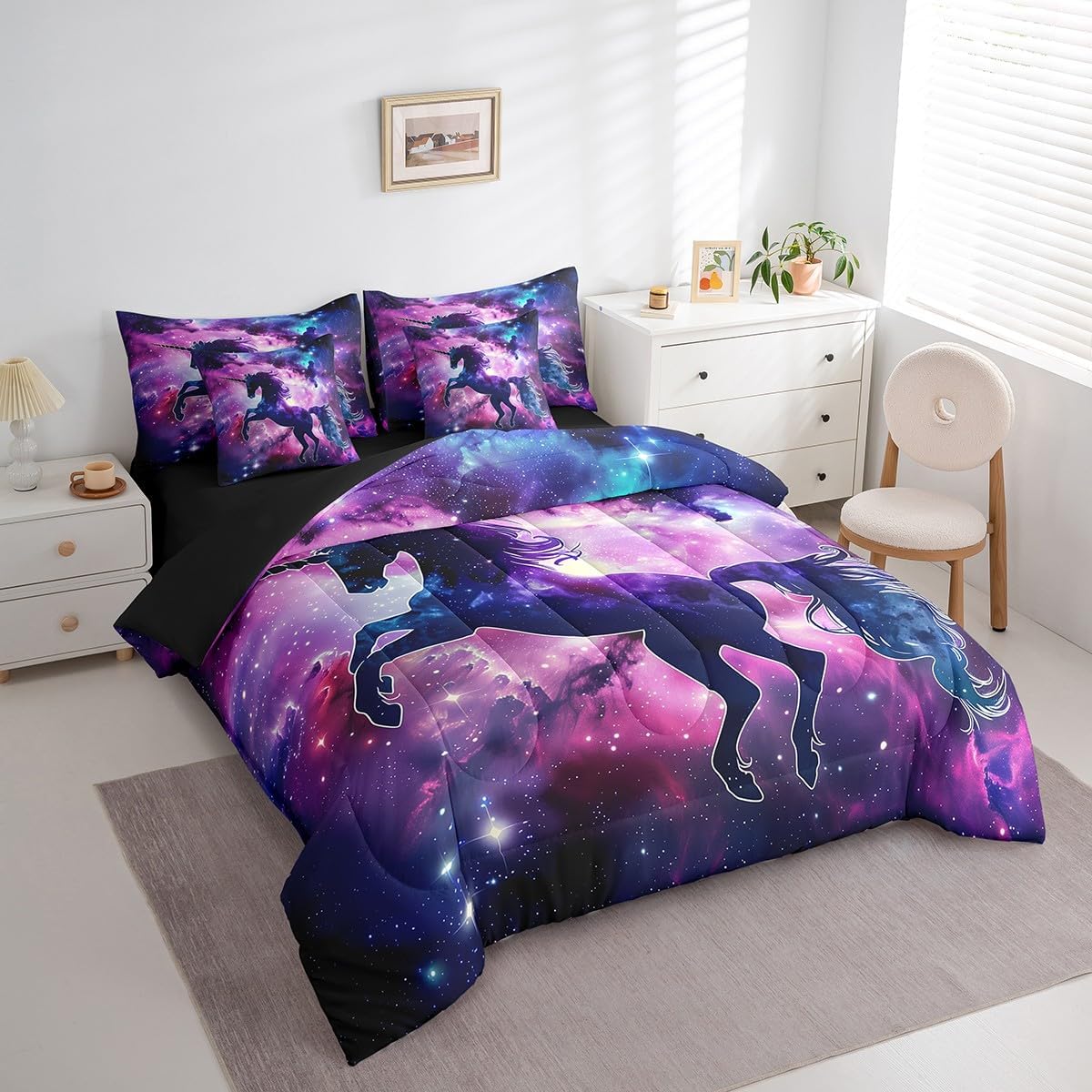 Erosebridal Girls Rainbow Unicorn Bed in a Bag Full 7 Pieces - Full Size Comforter Set,Kawaii Horse Bedding Sets Glitter Galaxy Magical Animal Bed Set with Comforter,Sheets,Pillowcases & Shams