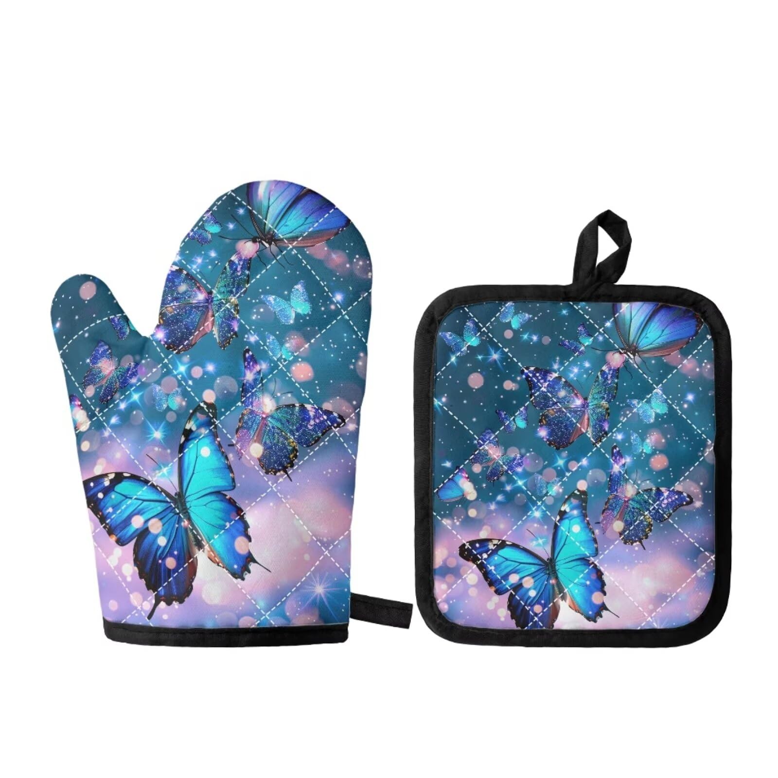 JOAIFO Blue Butterfly Kitchen Gloves Potholder Set Galaxy Glove Bowl Holder Heat Resistant Professional Baking Oven Mitts for Adult Teens Fit for Picnic BBQ,Kitchen Baking