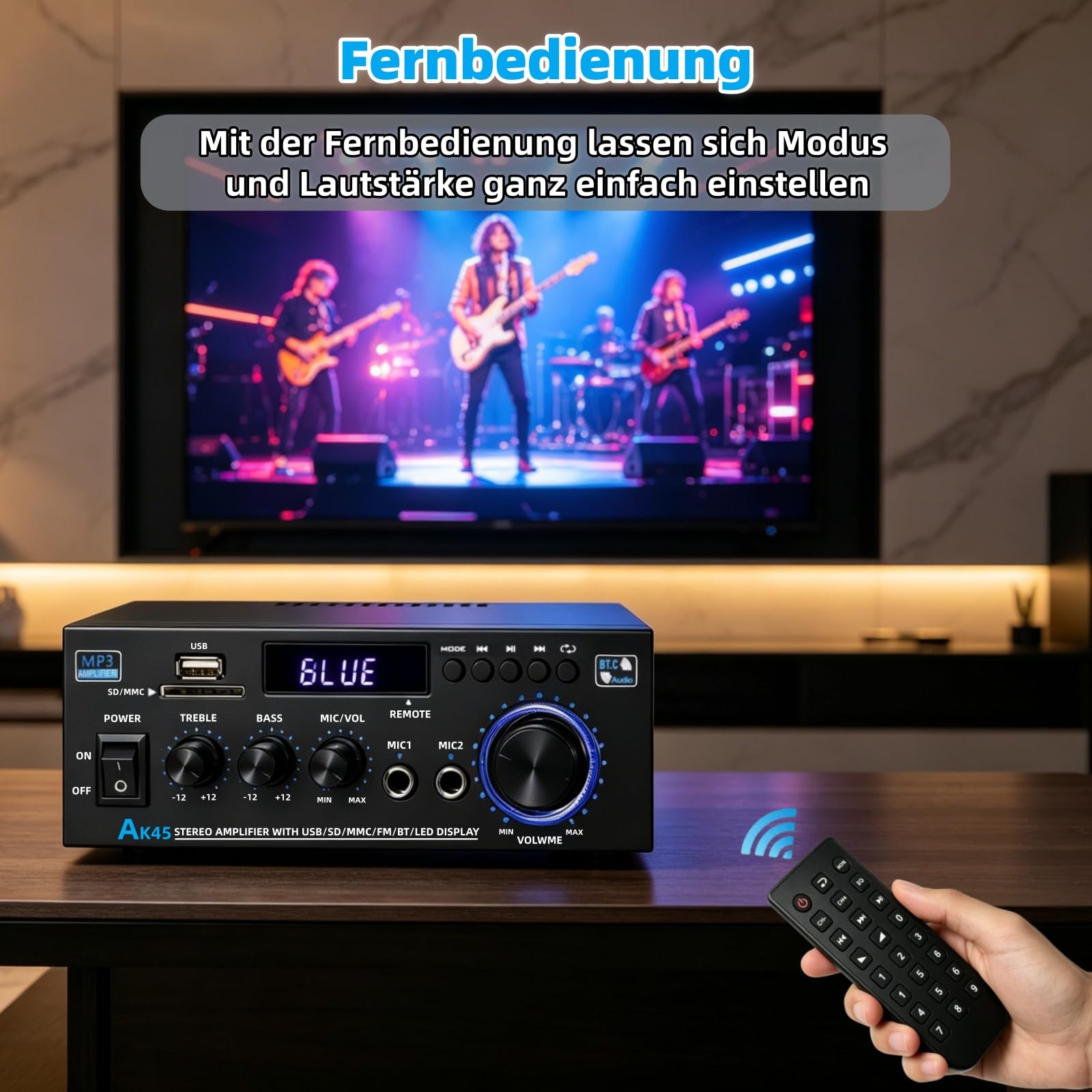 AK45 HiFi wzmacniacz Bluetooth Mini Stereo Audio Receiver 2.0-kanałowy wzmacniacz dźwięku z radiem FM, wejściem na kartę SD/USB, mikrofon do karaoke, regulator basów i wysokości, do domu, samochodu