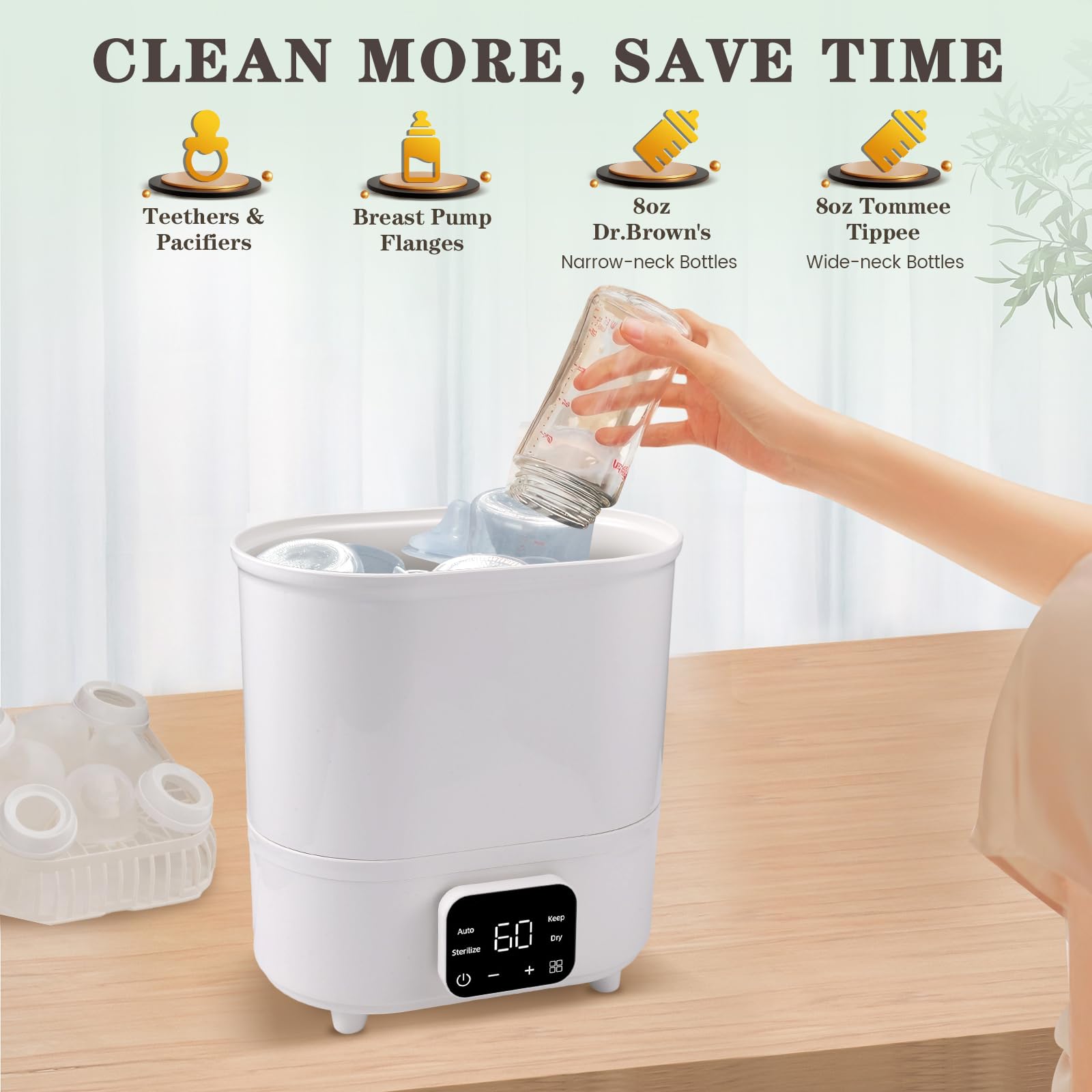 Sterilisator für Babyflaschen mit Trockner, Keramik-Vaporisator | 6-in-1 Dampfsterilisator für 6 Flaschen. Rostfreie Keramik-Heizplatte für leichte Reinigung, Auto-Trocknung & 24h-Modus.