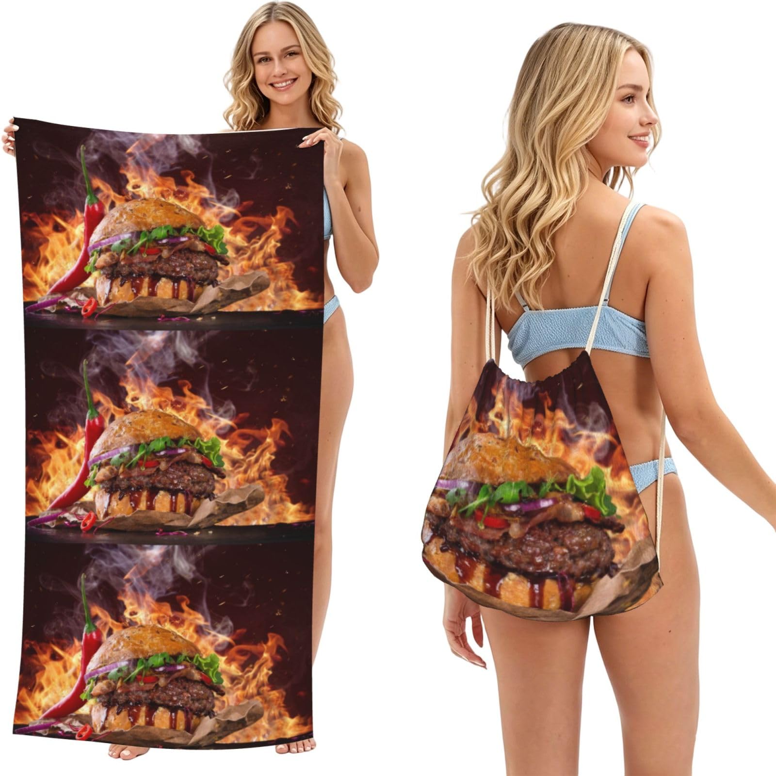 Poadnly As Picture Hamburger Steak Fast Food Print, 2 In 1 Packable Towel Bag, Beach Towels With Drawstring Backpack For Travel Holiday Camping