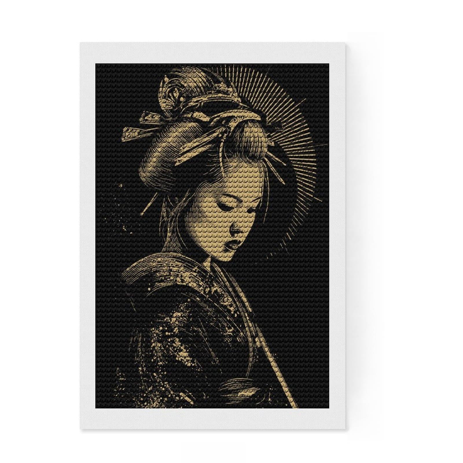 Junmoney Geisha Portrait in Gold and Black Crystal Diamond Art Kit 8"x12", Vintage Style Decor, Stress Relief Craft, Thoughtful Present, Aesthetic Room Decor
