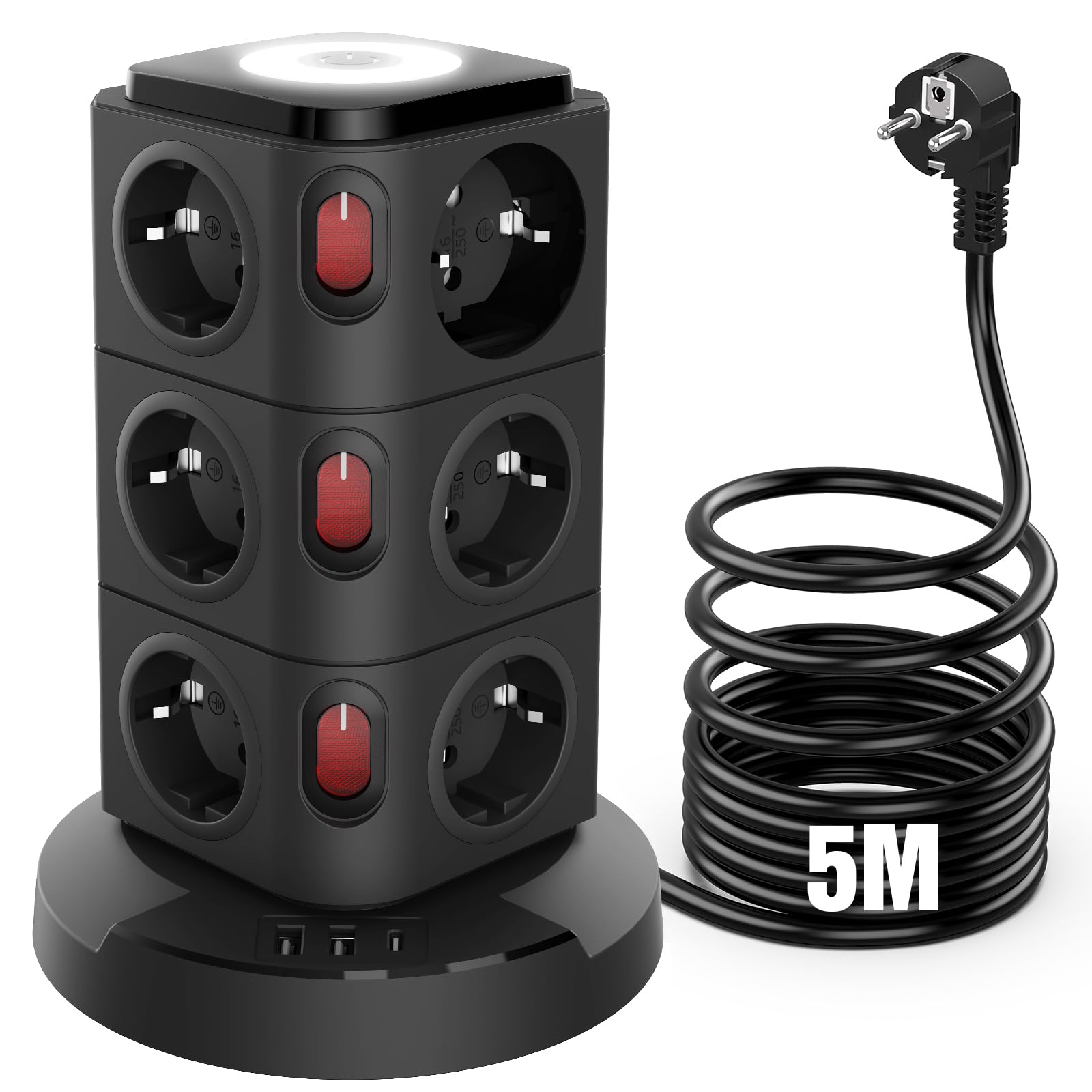 Ciabatta Elettrica Multipresa con 12 Prese, Torretta Multipresa Verticale da Scrivania, 2 USB A, 1 USB C Protezione Sovratensione con 4 Interruttori Indipendenti, Presa Multipla Cavo di Prolunga da 5M