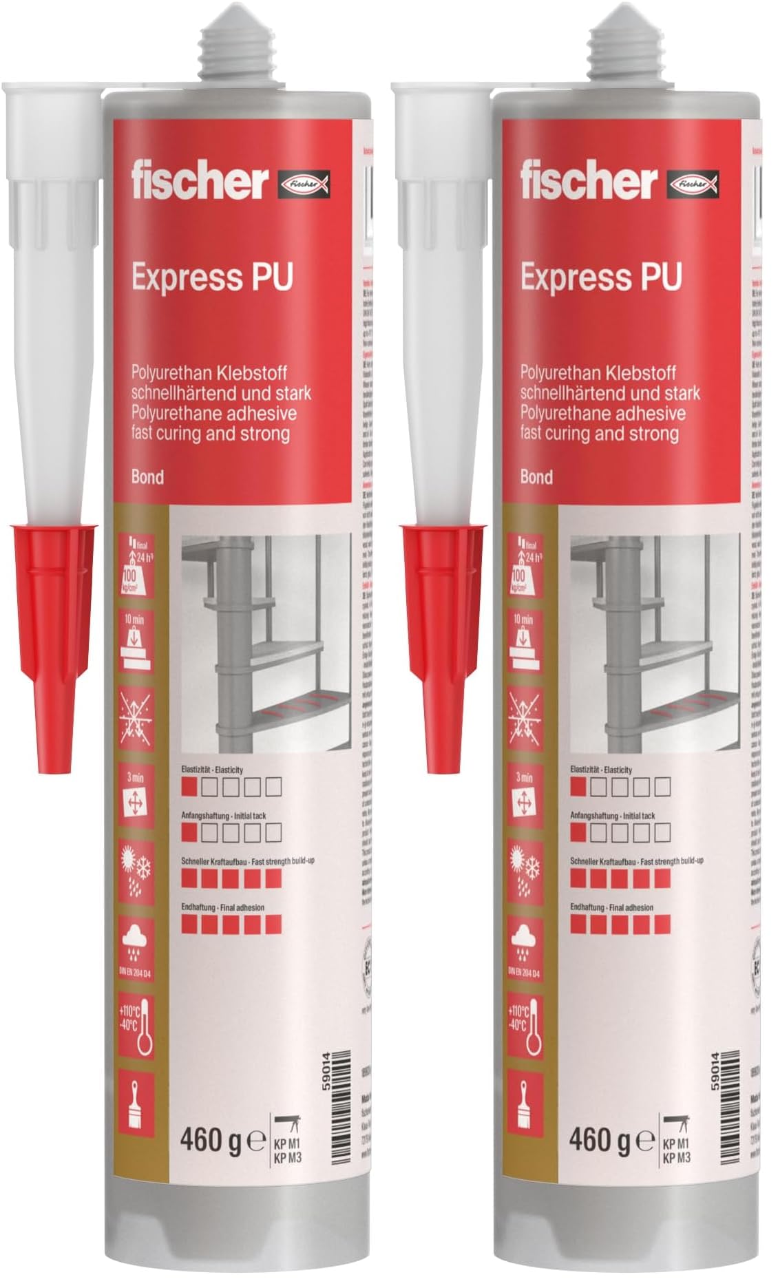 fischer Express PU Kraftkleber, wasserfester Montagekleber für den Außenbereich, Universalkleber für schnelle Aushärtung bei vielen Anwendungen & Baustoffen, 310 ml, beige (Packung mit 2)