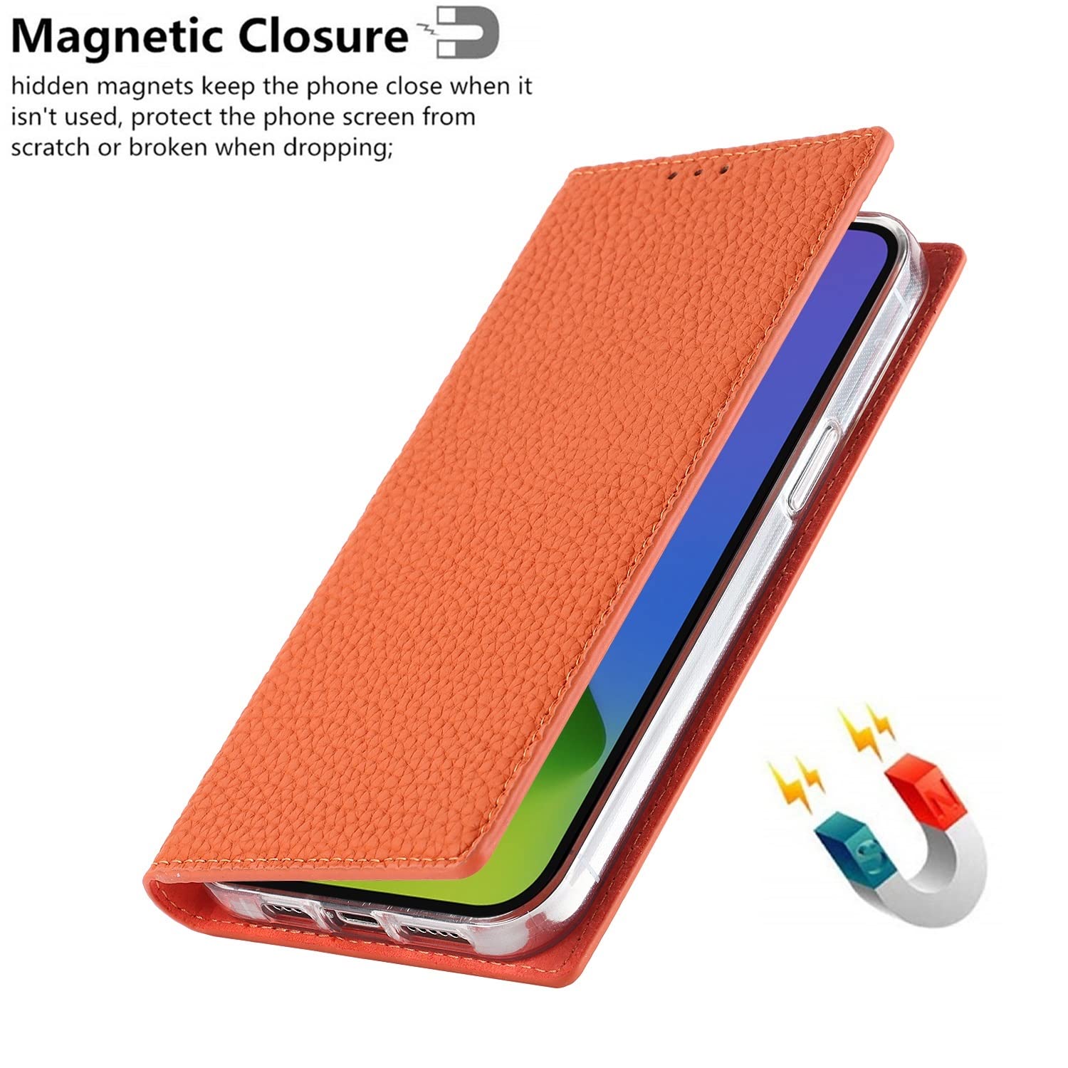 iCoverCase Custodia a portafoglio per iPhone 15 Pro, in vera pelle, con blocco RFID, chiusura magnetica, con cinturino da polso e scomparti per carte di credito, funzione cavalletto, custodia a libro
