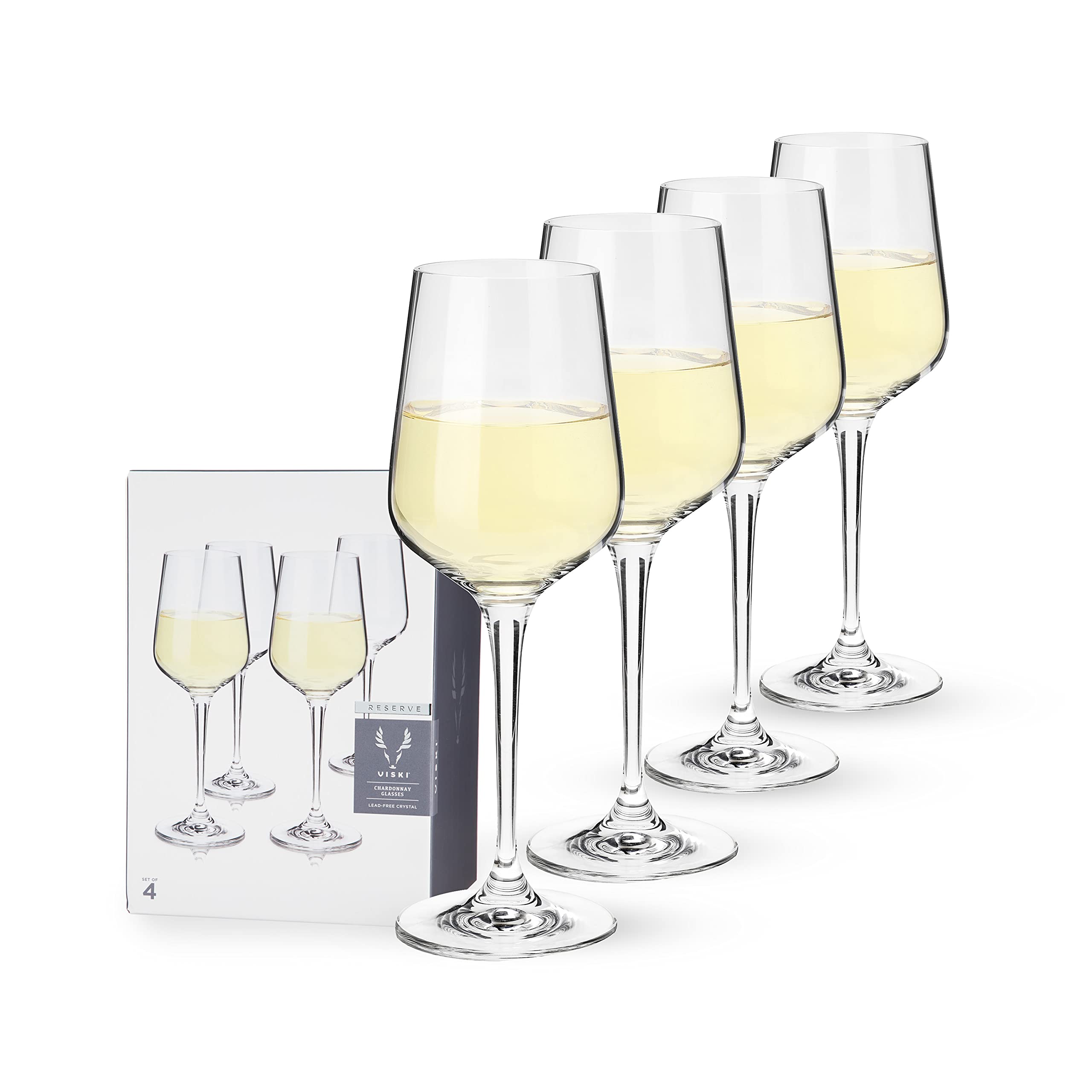 ViskiReserve European Crystal Chardonnay Glasses, 4 Lead-Free Crystal White Wine Glasses, European Made Glassware, Stemmed Wine Glass Set, Set of 4, 15 Ounces