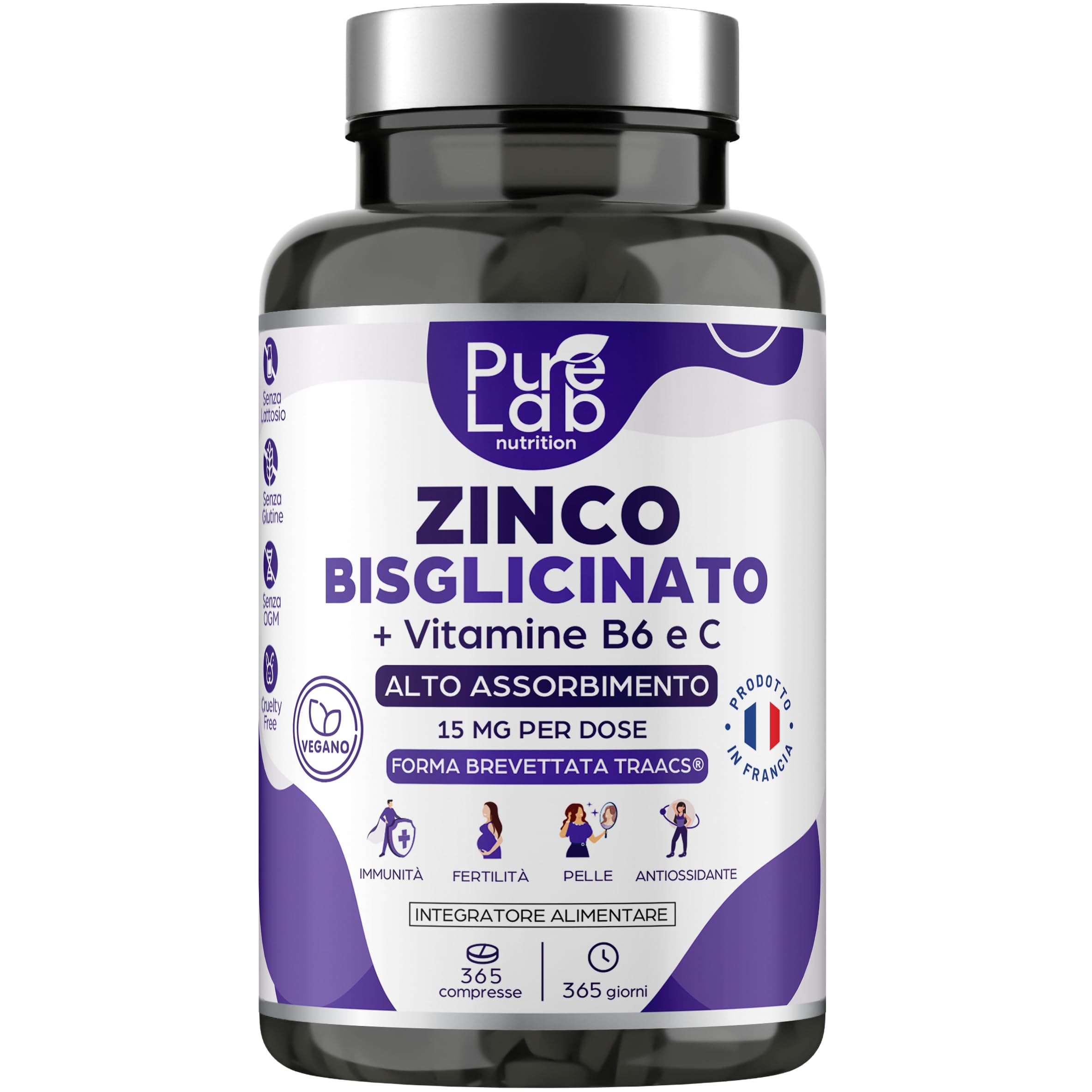 Zinco Bisglicinato + Vitamine B6 e C - Scorta per 1 Anno, 365 Compresse - Alta Assorbimento - Immunità, Antiossidante, Pelle - Senza Lattosio, Senza Glutine - Prodotto in Francia - Pure Lab Nutrition®