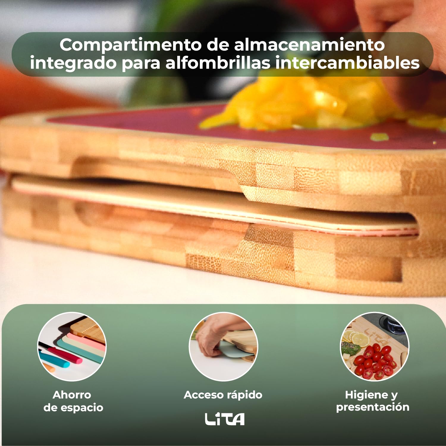Lita Store Planche à découper multifonction en bois de bambou avec 3 tapis interchangeables flexibles PP Ustensiles de cuisine Double face Sans BPA