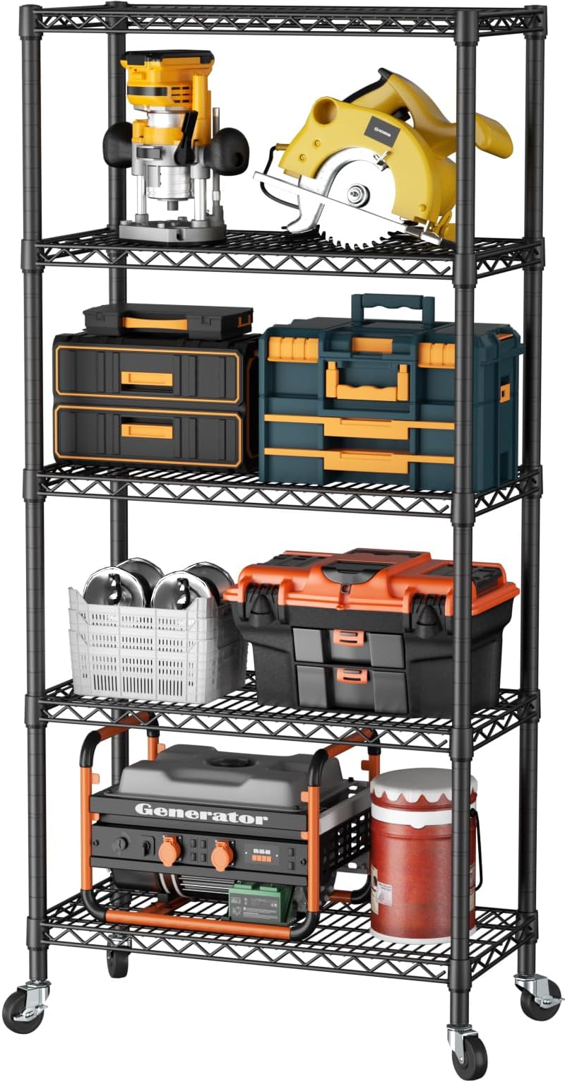 SINGAYE 5 Shelf Storage Wire Shelves Closet Bathroom Organizers Metal Pantry Kitchen Garage Shelving Unit Laundry Room Organization Home Narrow Rack Net Basket with Wheels Black