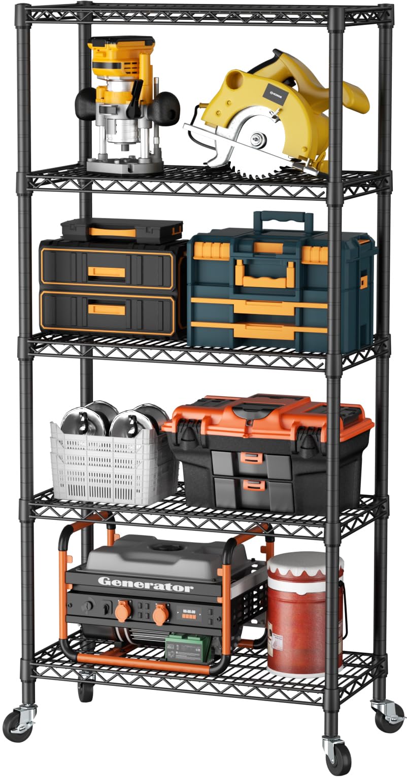 SINGAYE 5 Shelf Adjustable Heavy Duty Storage Shelving Unit with Wheels Steel Organizer Wire Rack Shelves Bathroom Organizers and Shelf Wire Closet Metal Pantry Kitchen Garage 14" DX30 WX70 H Black
