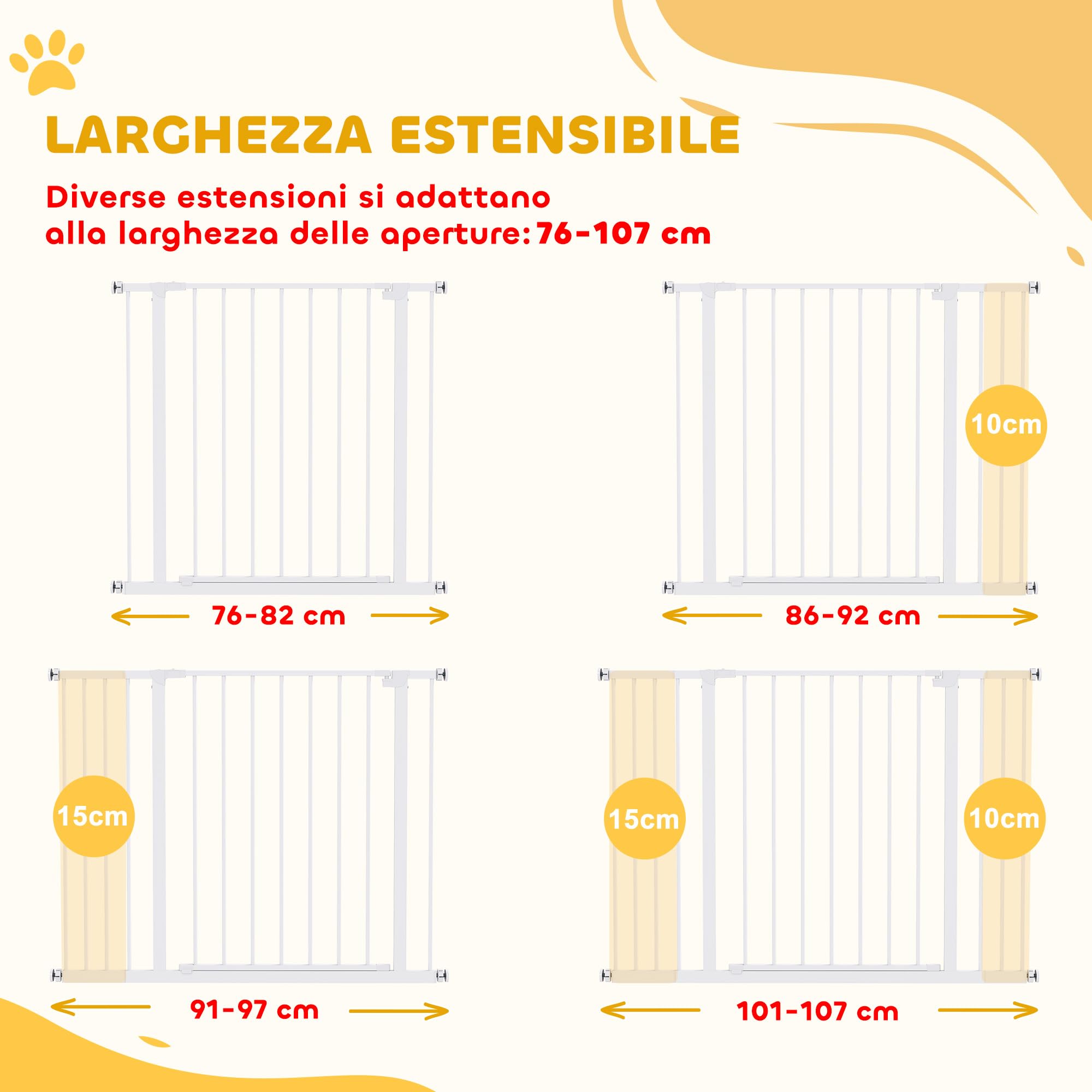 PawHut Cancellino per Cani di Sicurezza Estensibile da 76-82/86-97/101-107 cm Montaggio a Pressione, Metallo e Plastica, Bianco