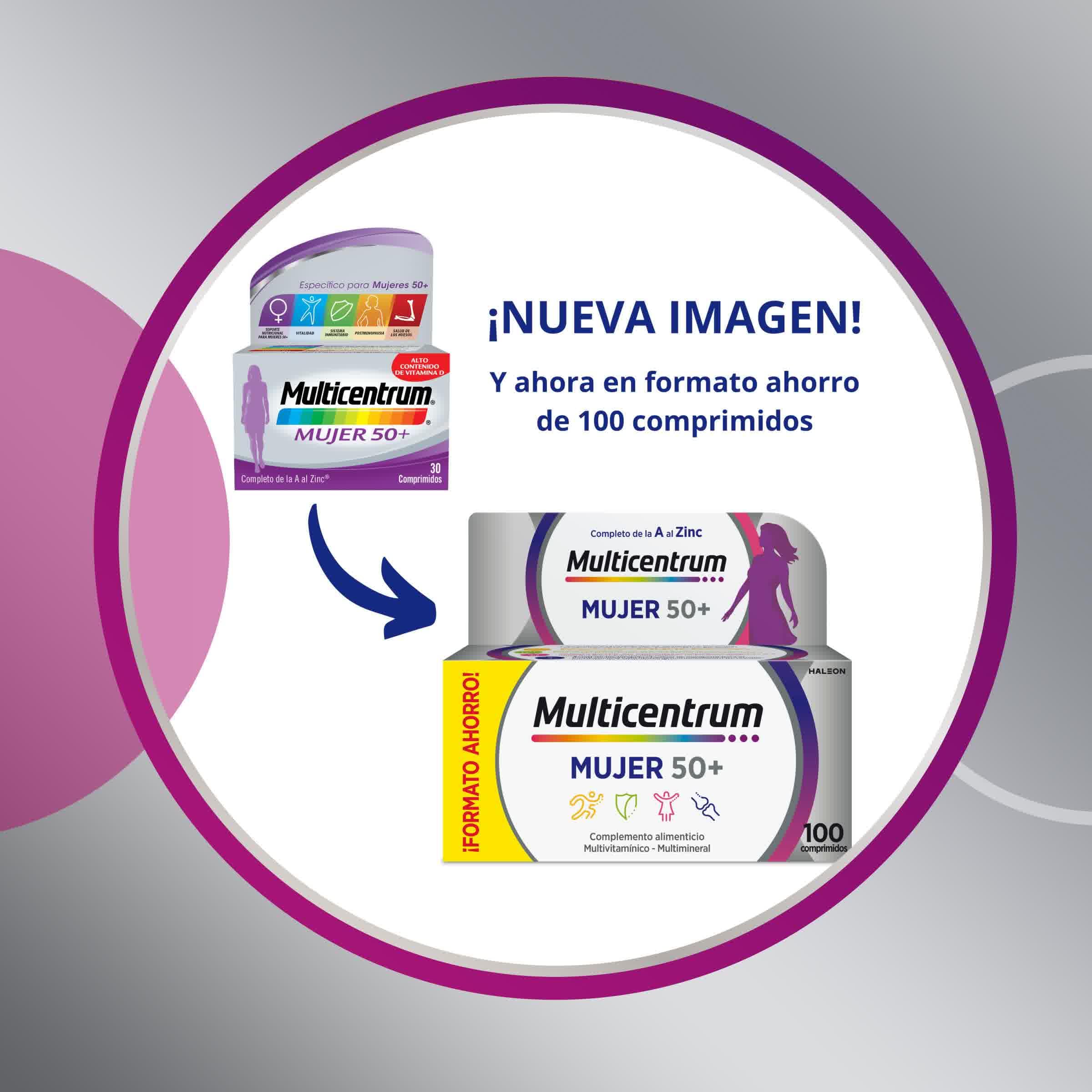 Multicentrum Mujer 50+ Complemento Alimenticio Multivitamínico y Multimineral Para Mujeres 50+, Postmenopausia, Con Calcio, Vitamina C y B, Sin Gluten, 100 Comprimidos