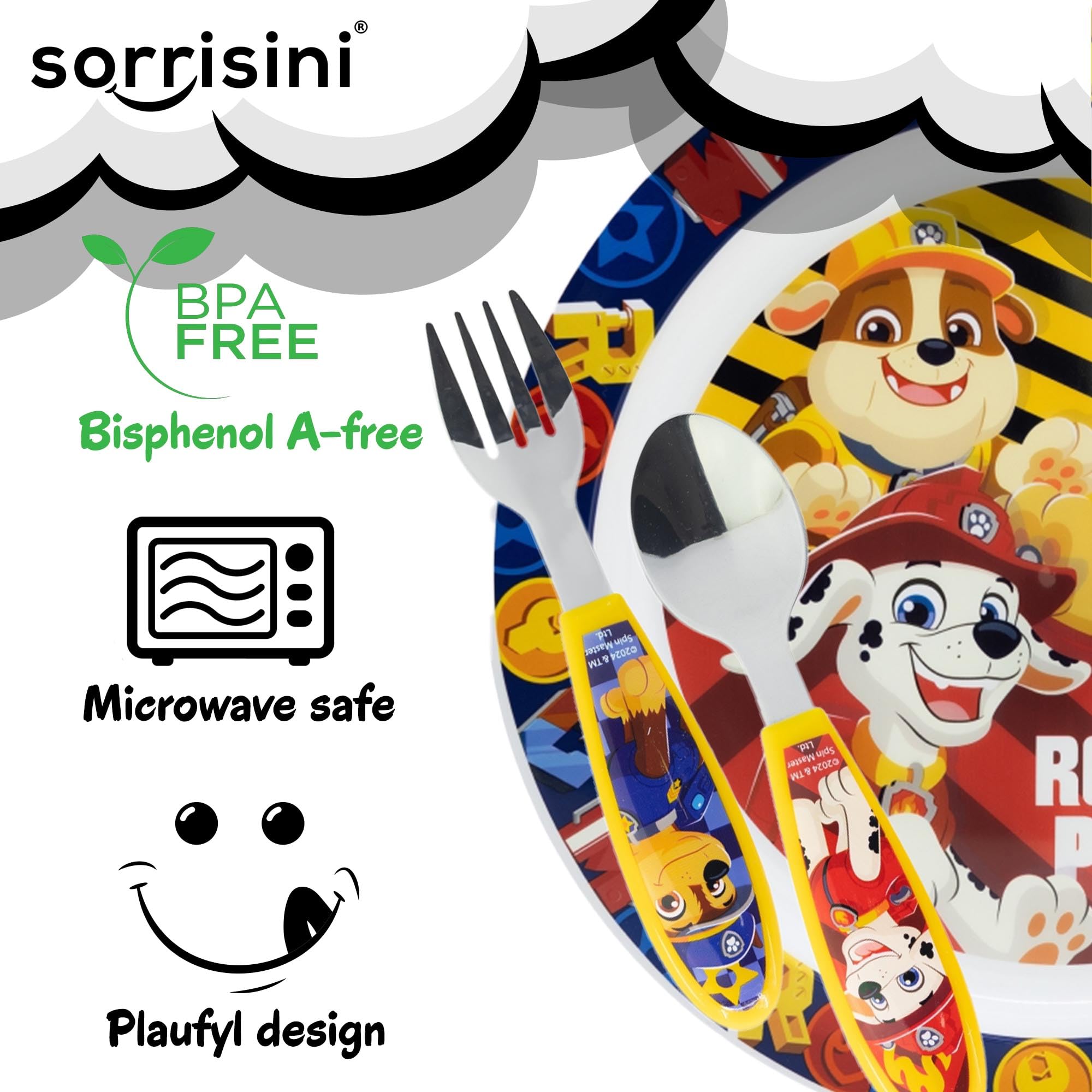 Set Stoviglie riutilizzabili per Bambini Andata per Microonde Marshall, Piatti Plastica Asilo, Scoula, Set Stoviglie piatto, posate in acciaio inox, Paw-Patrol