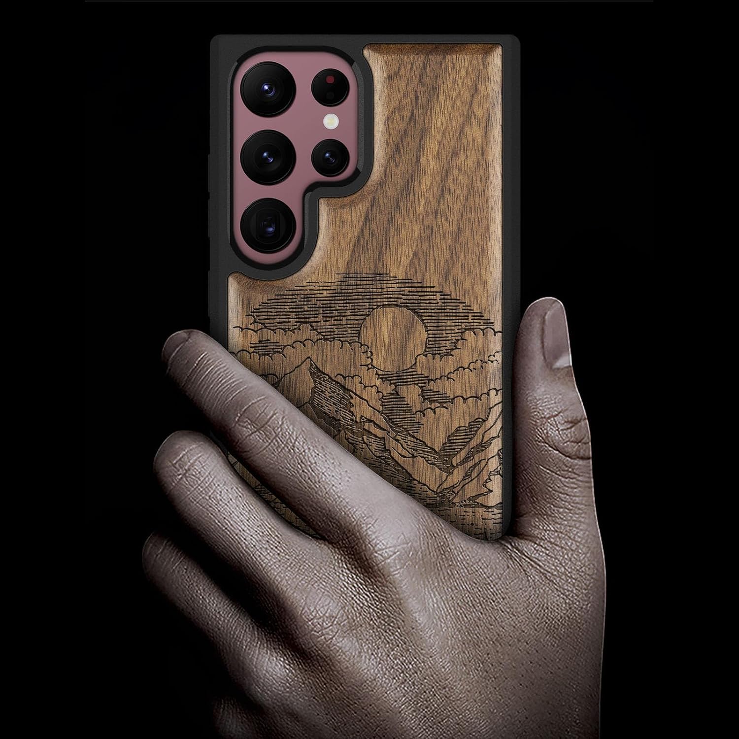 Carveit Wood Case for Galaxy S22 Ultra Case [Natural Wood & Black Soft TPU] Shockproof Protective Cover Unique & Classy Wooden Design Compatible with Samsung S22 Ultra (Alpine Lake-Walnut)