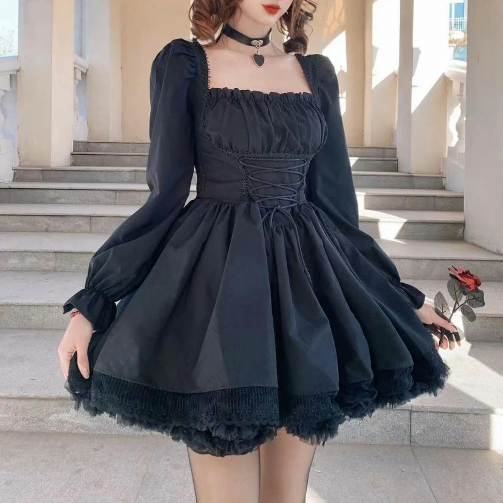 Robe Blanche à Manches Longues en Dentelle Gothique Noire Patchwork Streetwear col carré-Noir-L