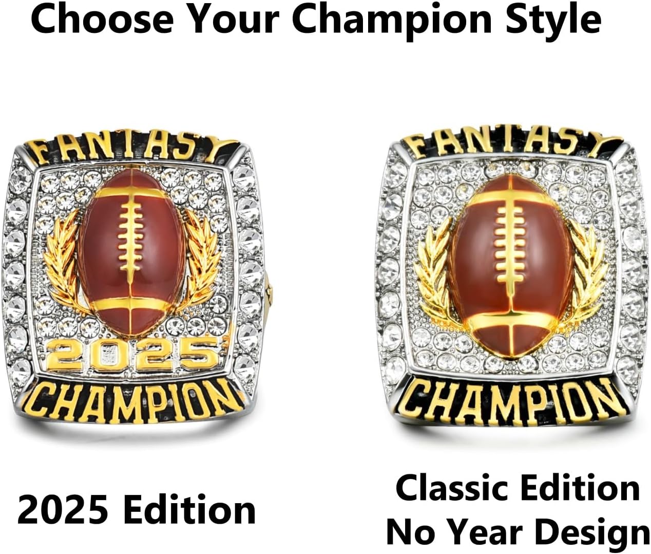 Fantasy Football Championship Ring, Classic No Year or 2025 Champion Edition Trophy Style Award Ring for League Winners, Commissioner Gift
