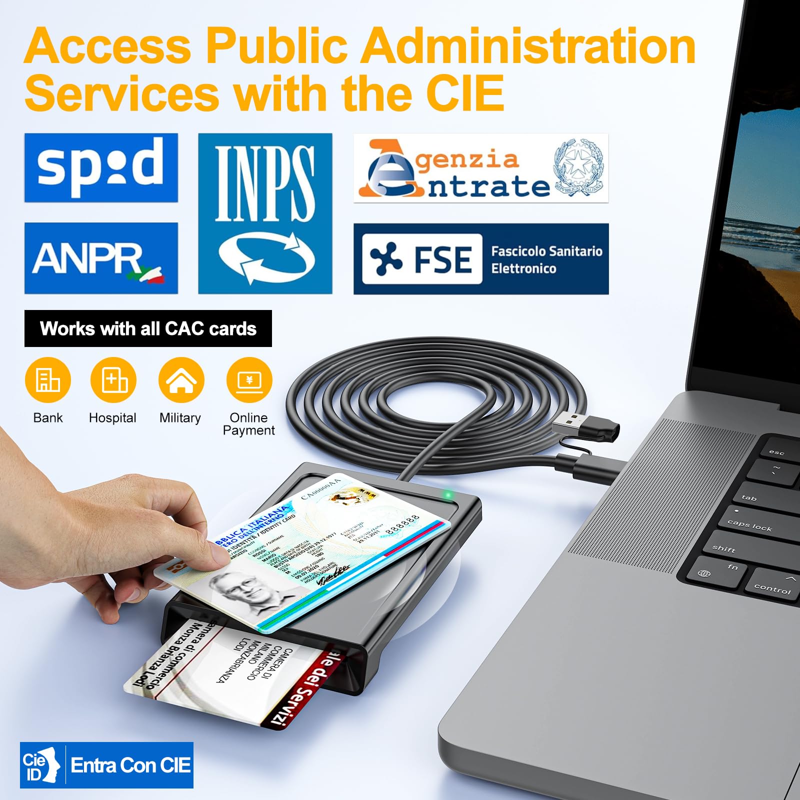 USB-A+USB-C Lettore CIE 3.0 Carta d'identità Elettronica e Tessera Sanitaria Italiana,Lettore Smart Card CNS Firma Digitale Lettore NFC Smart contatto e contactless CIE/CRS/CNS per Windows 10 11 Linux