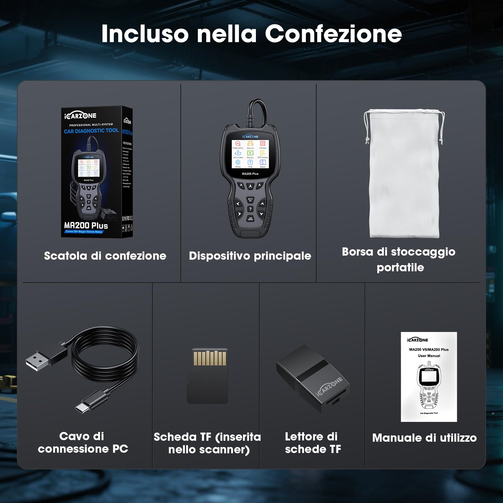 MA200 Plus Auto Diagnostica, Diagnosi Auto Professionale in Italiano per Tutti i Sistemi, 6 Funzioni di Ripristino, Reset Olio/EPB/SAS/TPMS/DPF/BMS, Auto VIN, Aggiornamento a Vita